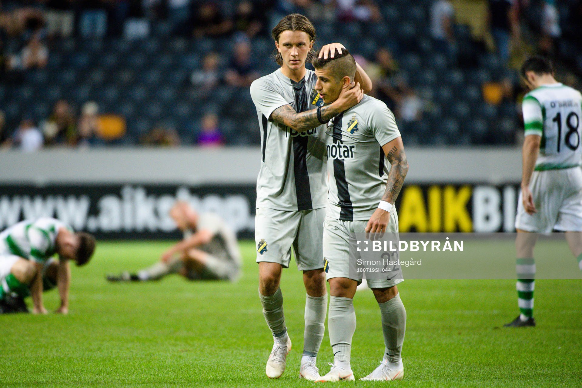 Kristoffer Olsson and Nicolas Stefanelli of AIK celebrates after the UEFA Europa League 1st Qualifying Round Second Leg match between  AIK and Shamrock Rovers on July 19, 2018 in Stockholm