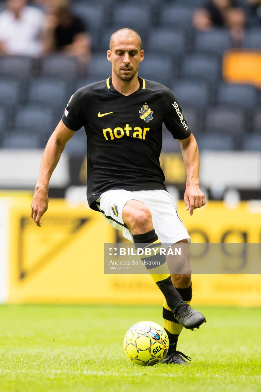 AIK:s Panos Dimitriadis under fotbollsmatchen i Allsvenskan mellan AIK och Brommapojkarna den 22 juli 2018 i Stockholm. 