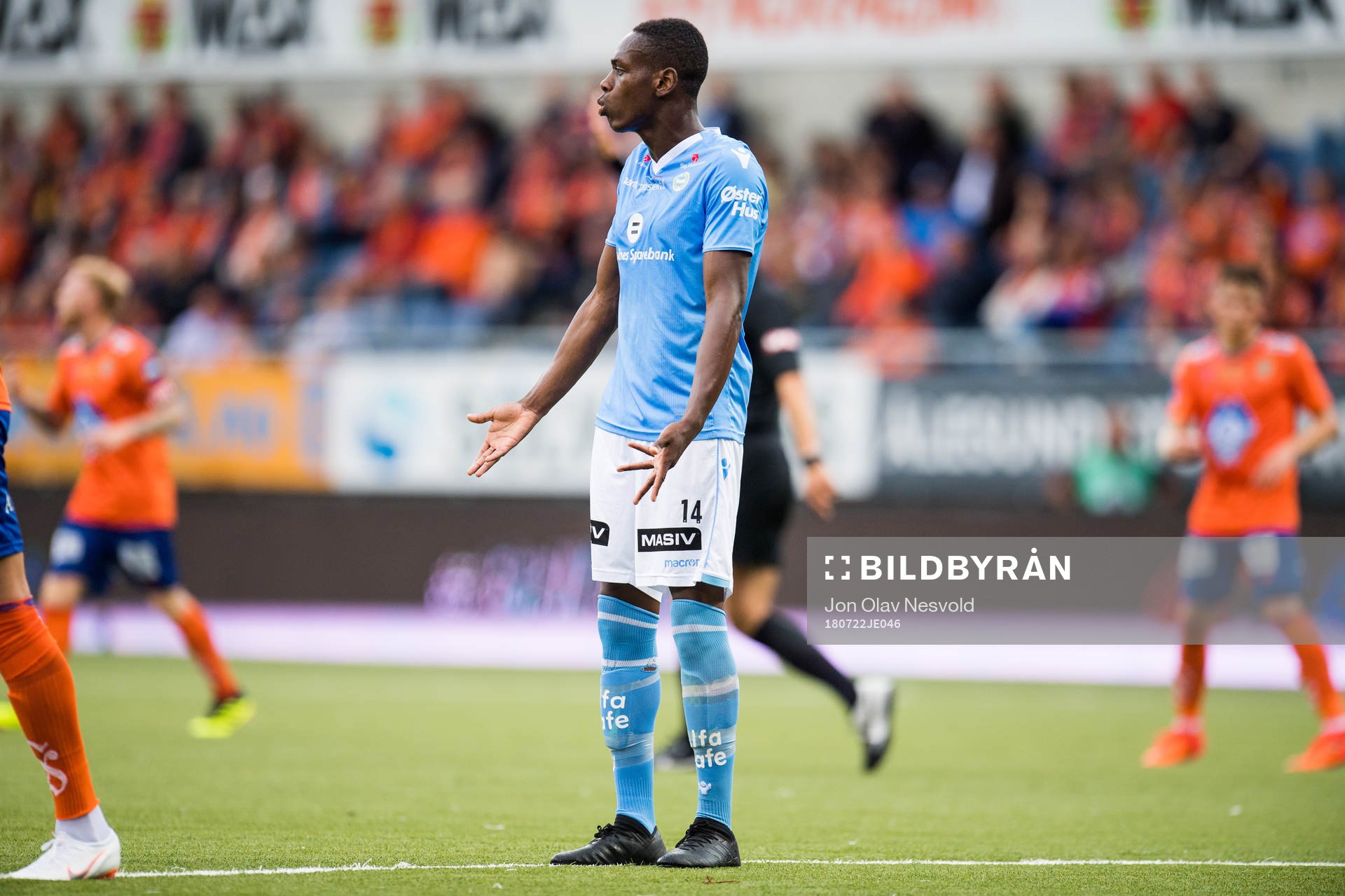 Akinsola Akinyemi of Sandnes Ulf reacts