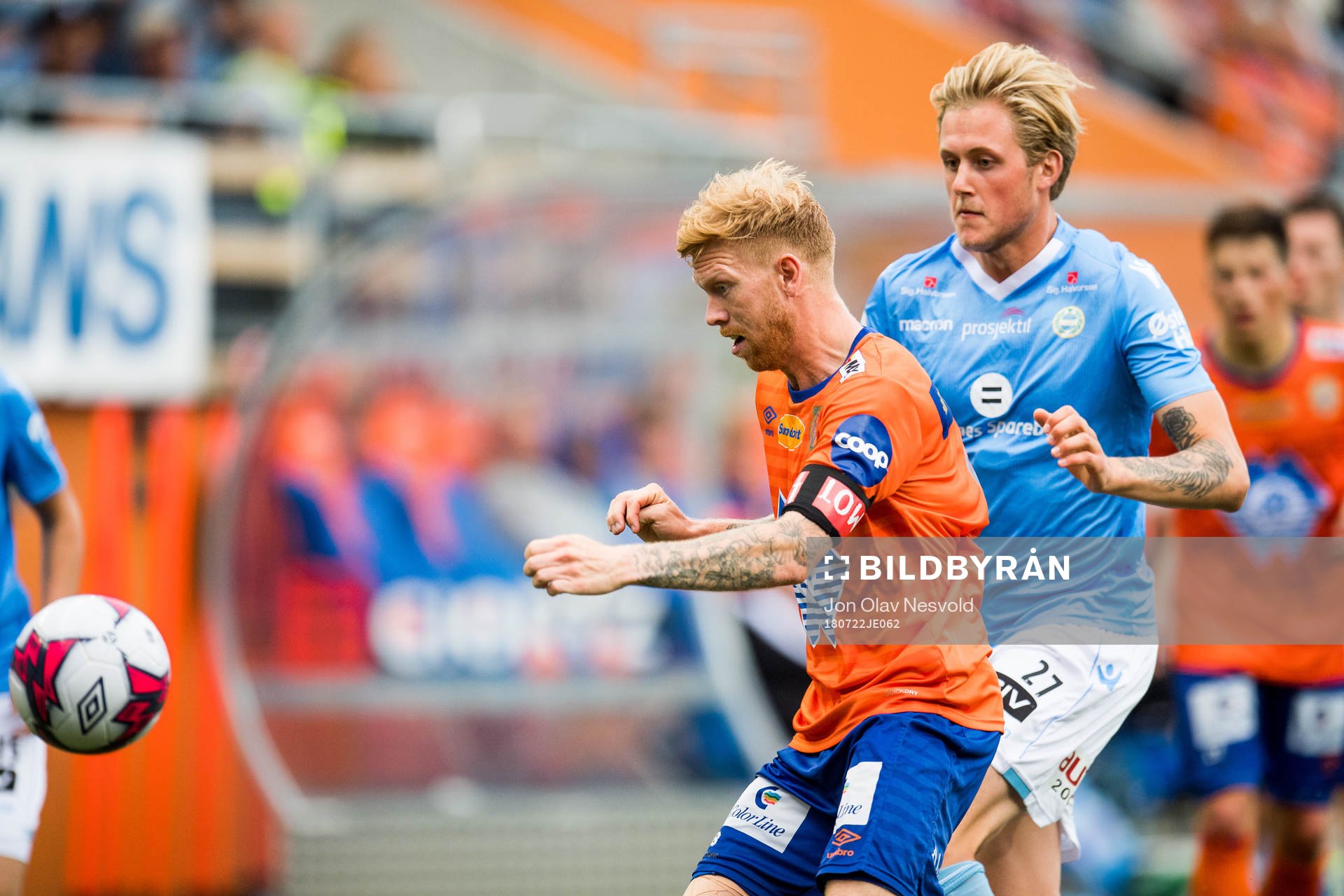 Fredrik Carlsen of Aalesund and Vegard Aasen of Sandnes Ulf during the OBOS-ligaen match between Aalesund and Sandnes Ulf on July 22, 2018 in Ålesund.