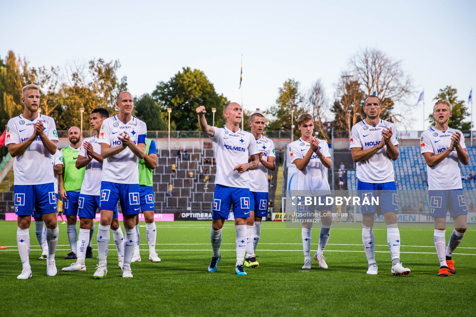Norrköpings spelare jublar efter  fotbollsmatchen i Allsvenskan mellan Norrköping och Elfsborg den 23 juli 2018 i Norrköping.