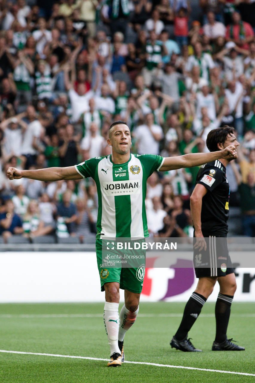 Hammarbys Nikola Djurdjic jublar efter 3-0 under fotbollsmatchen i Allsvenskan mellan Hammarby och Dalkurd den 23 Juli 2018 i Stockholm. 