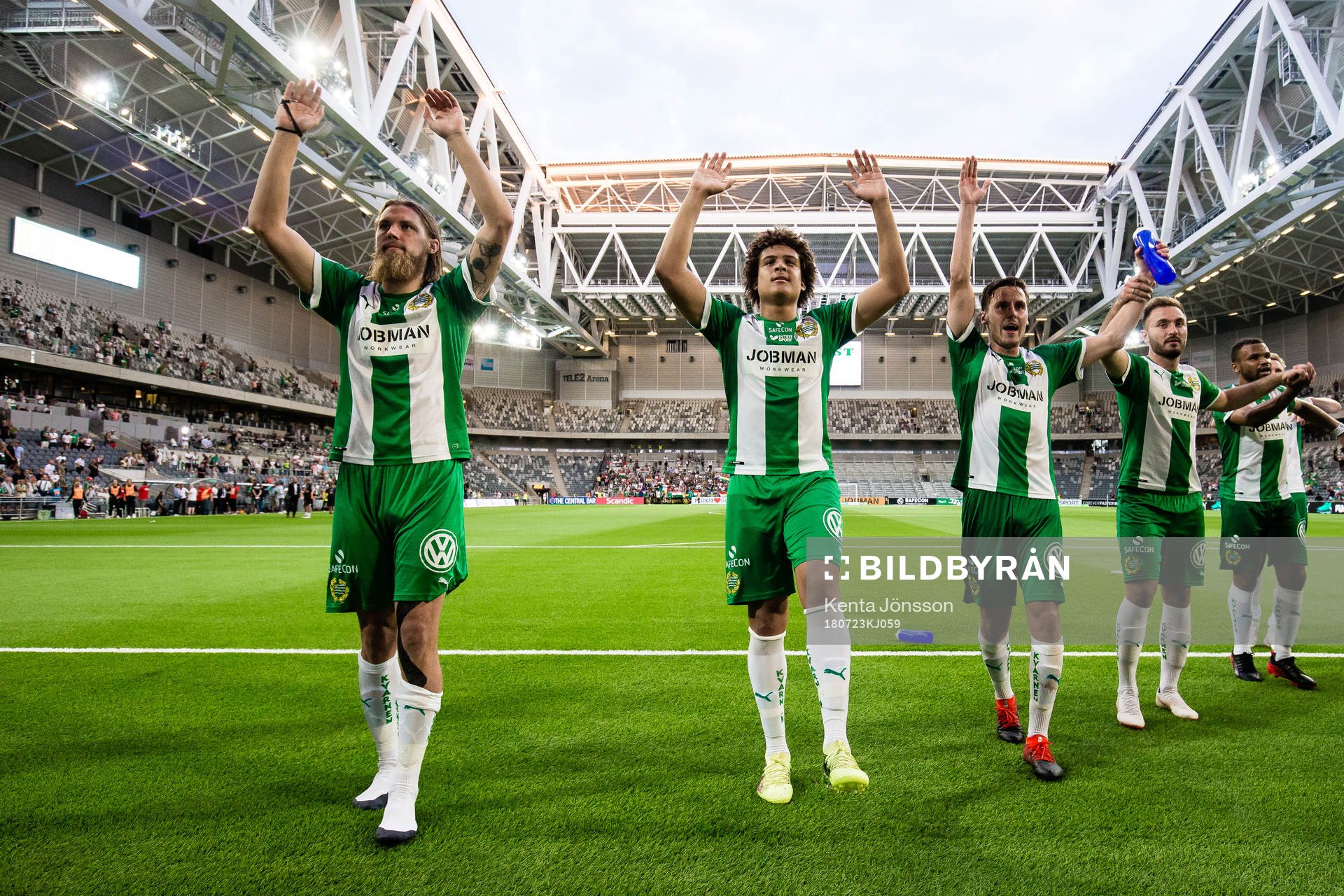 Hammarbys Björn Paulsen , Neto Borges , Jeppe Andersen , Muamer Jankovic och Serge-Junior Martinsson Ngouali jublar efter fotbollsmatchen i Allsvenskan mellan Hammarby och Dalkurd den 23 Juli 2018 i Stockholm.