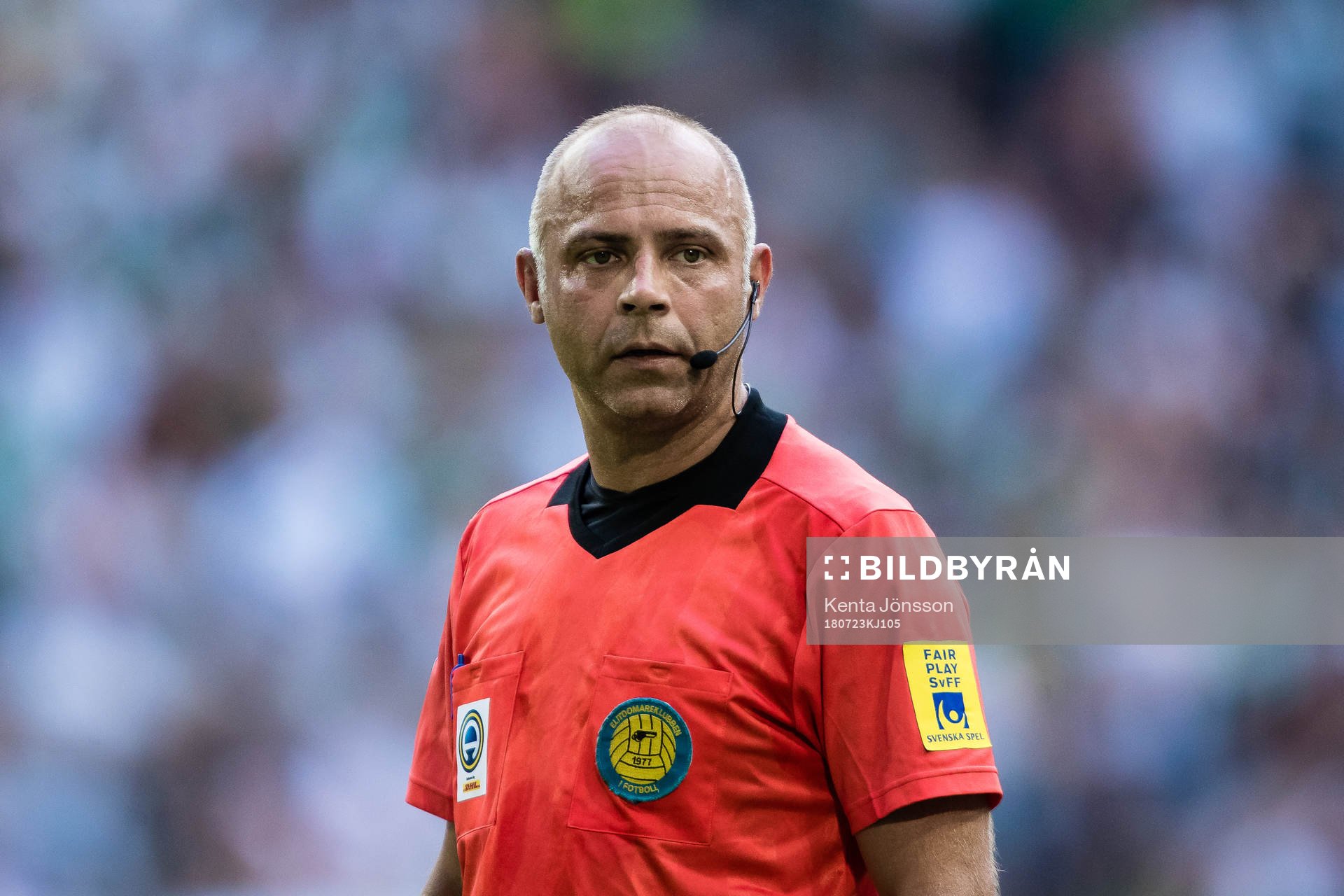 Domare Robert Daradic under fotbollsmatchen i Allsvenskan mellan Hammarby och Dalkurd den 23 Juli 2018 i Stockholm. 