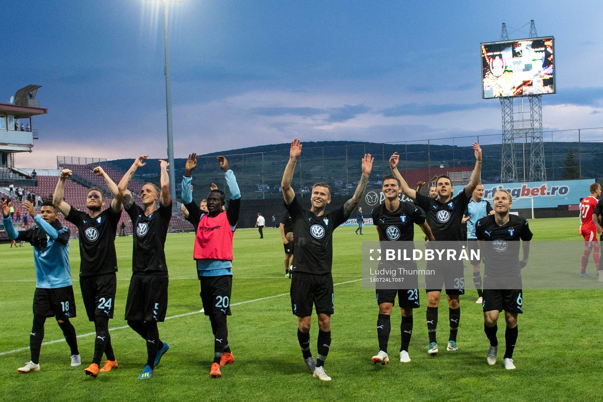 Player of Malmö FF celebrate after winning the UEFA Champions League qualifying match between Cluj and Malmö FF on July 24, 2018 in Cluj.