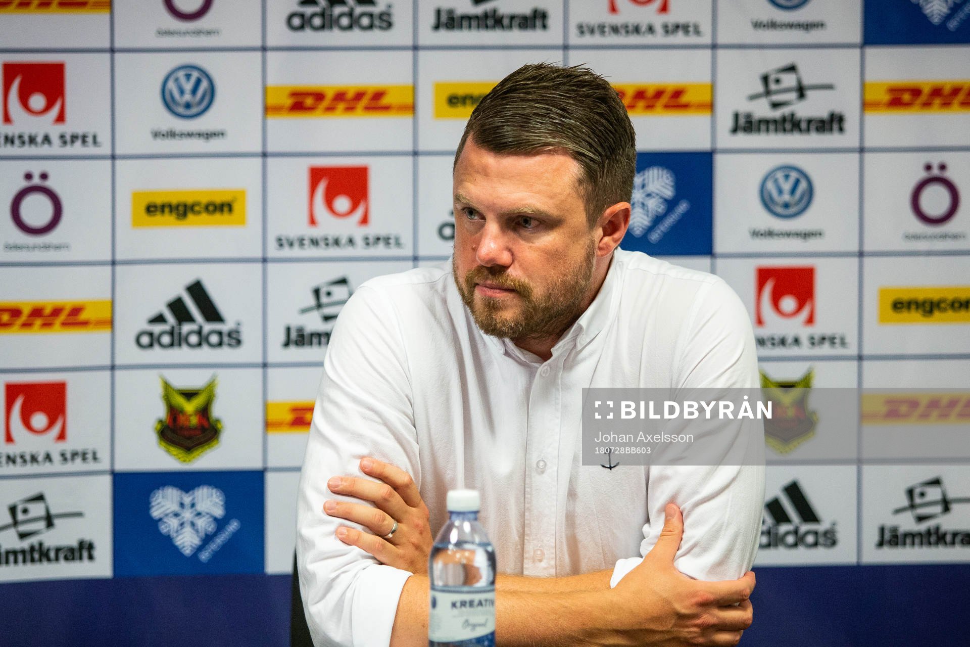 Elfsborgs manager Jimmy Thelin under presskonferensen efter fotbollsmatchen i Allsvenskan mellan Östersund och Elfsborg den 28 juli 2018 i Östersund.