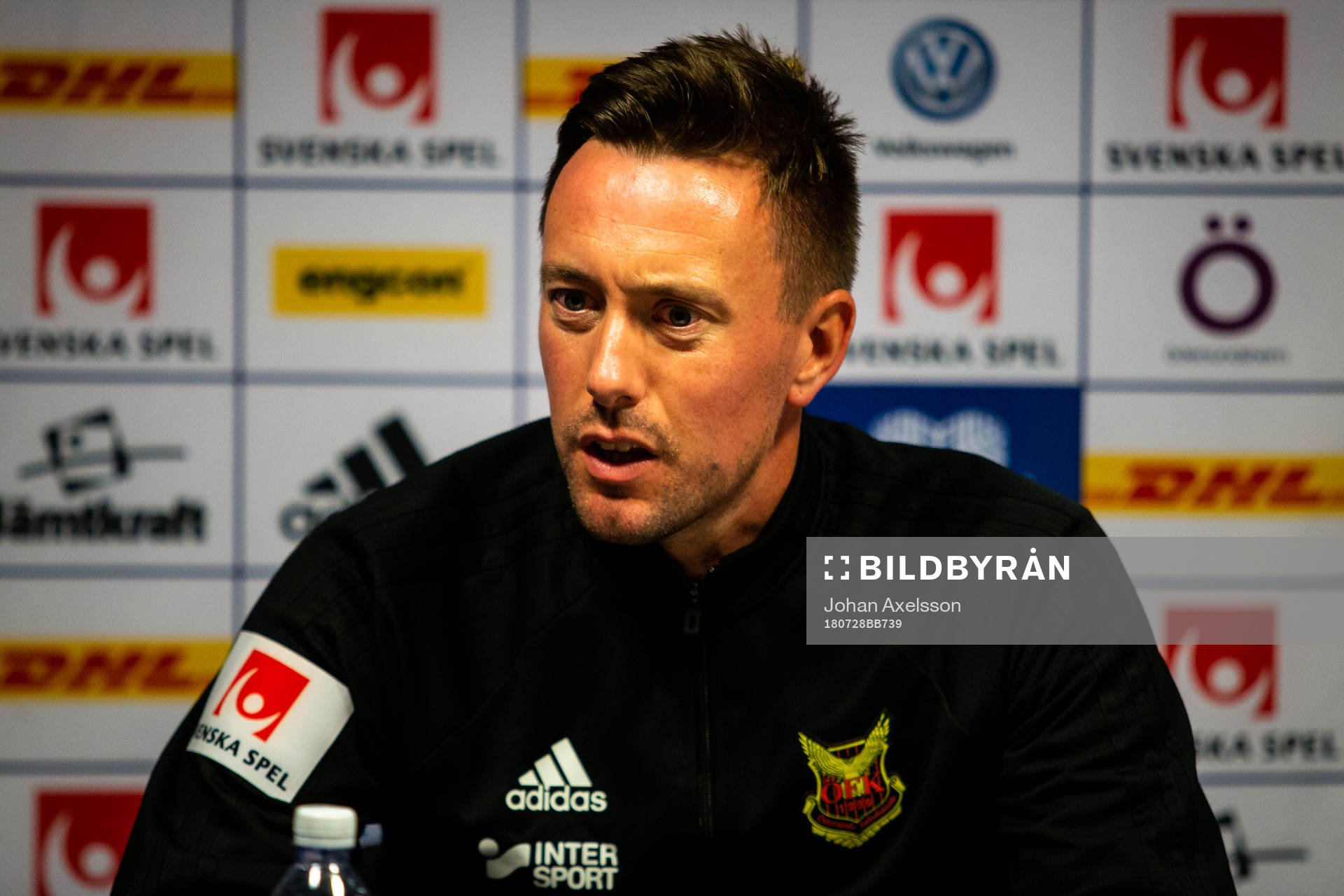 Östersunds tränare Ian Burchnall på presskonferensen efter fotbollsmatchen i Allsvenskan mellan Östersund och Elfsborg den 28 juli 2018 i Östersund.
