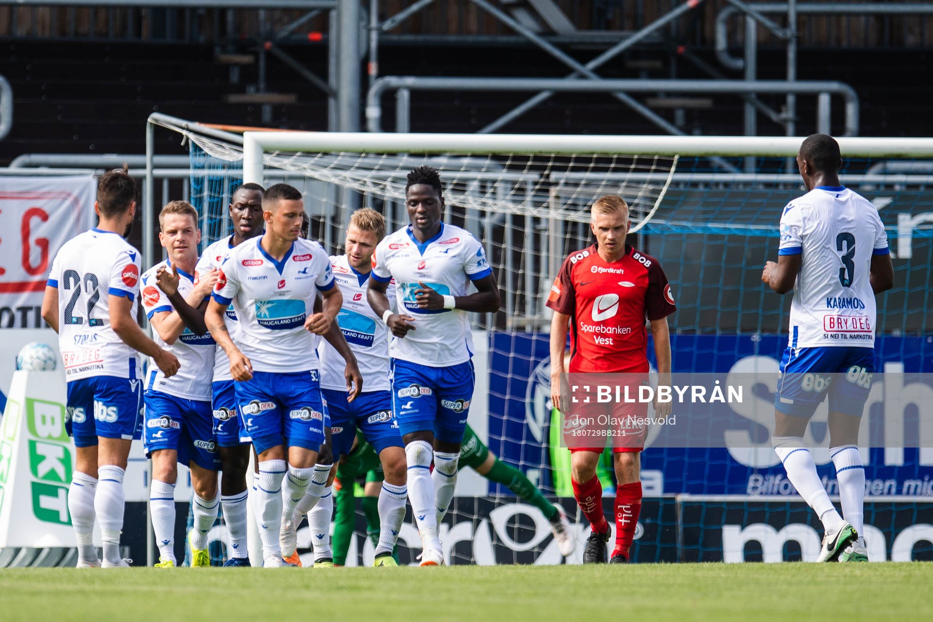 Players of Haugesund celebrate after scoring 1-0 during the friendly match between Haugesund and Brann on July 29, 2018 in Haugesund.