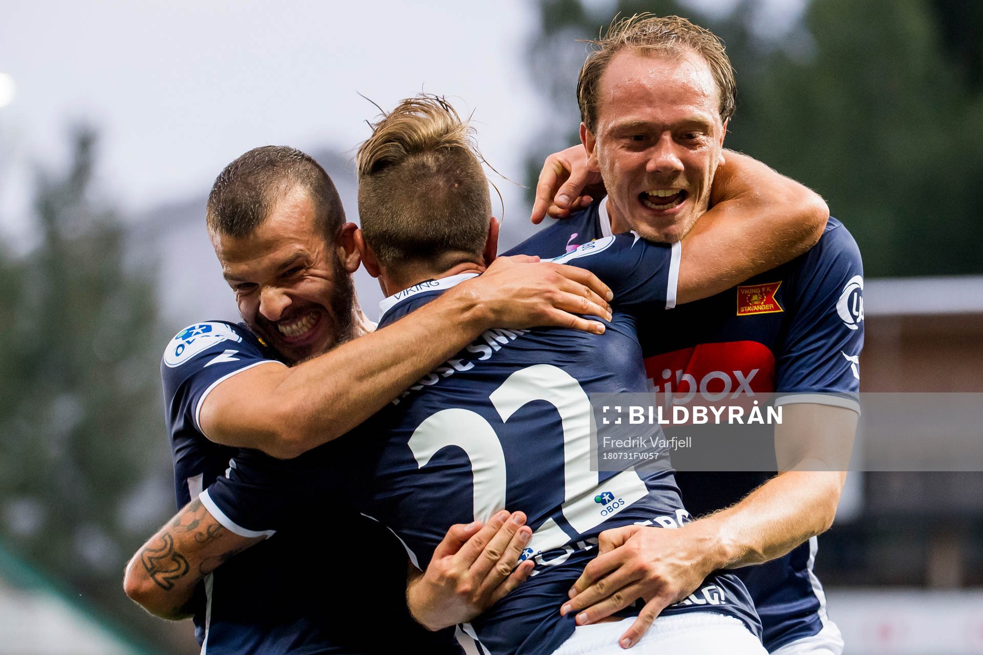 Claes Kronberg of Viking celebrates with teammates Zlatko Tripic and Rolf Daniel Vikstøl after scoring 2-3 during the OBOS-ligaen match between HamKam and Viking on July 31, 2018 in Hamar.