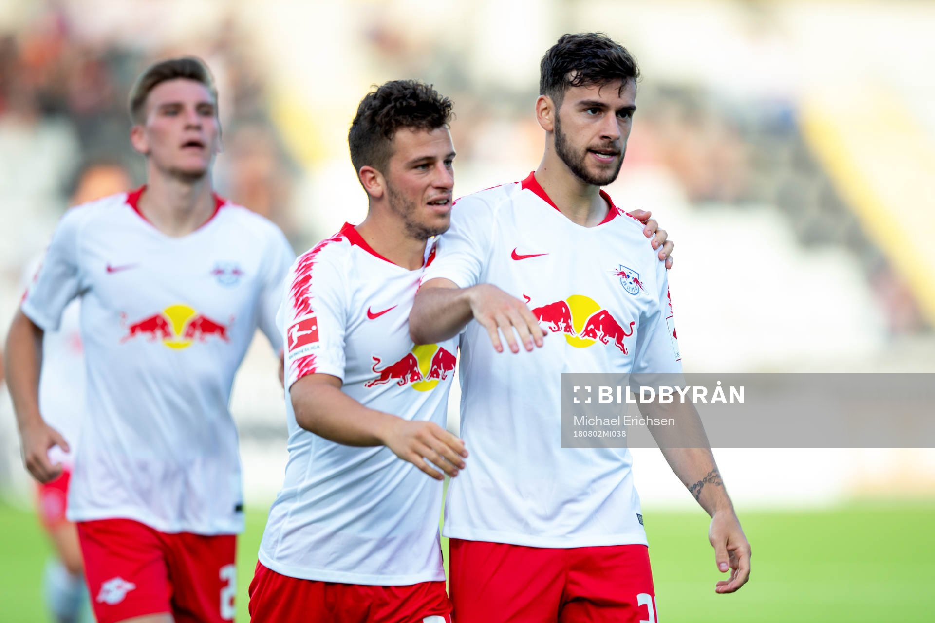 Massimo Bruno of Leipzig celebrates with his teammates after scoring 0-1 during the UEFA Europa League qualifying match between Häcken and RB Leipzig on August 2, 2018 in Gothenburg.