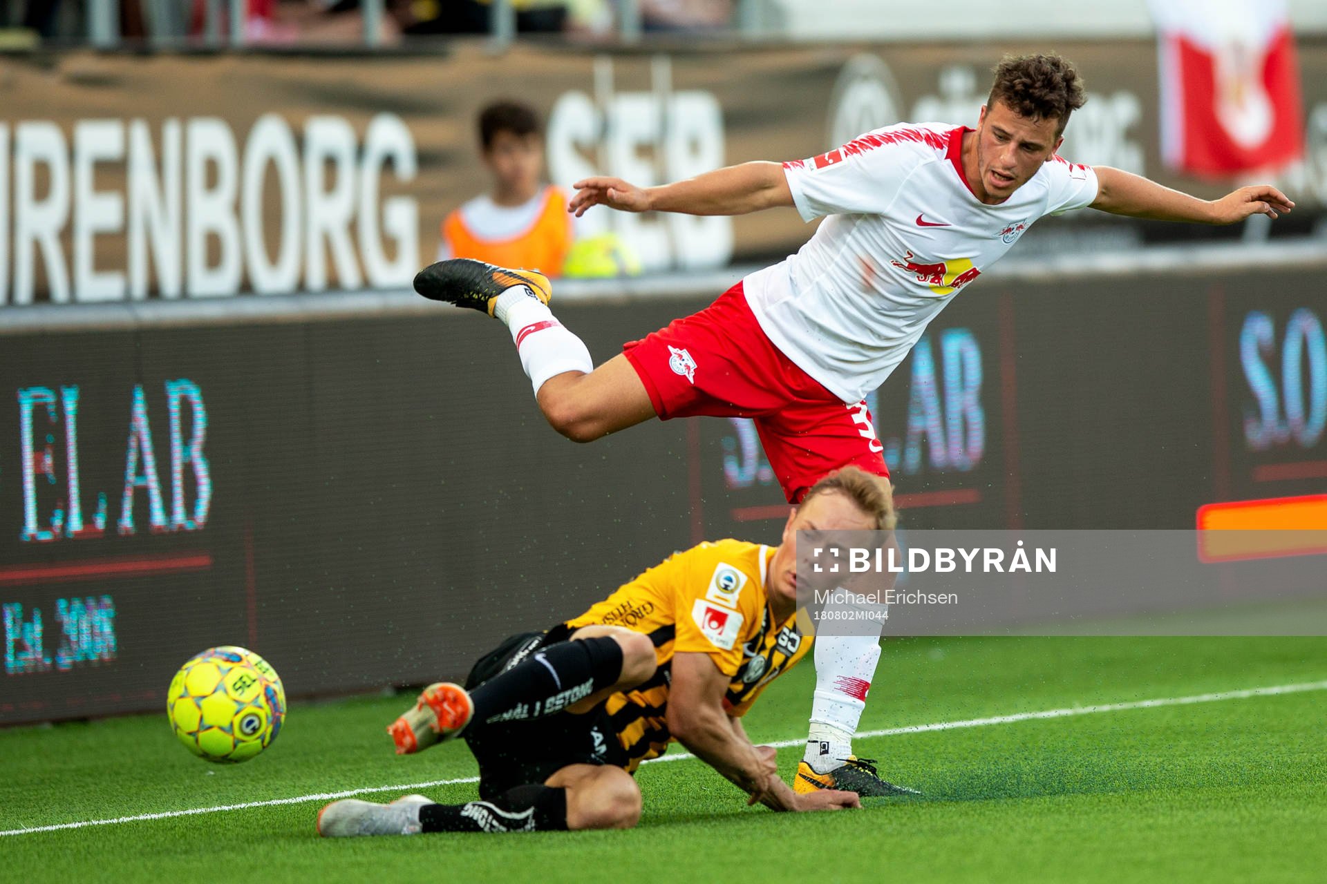 Adam Andersson of Häcken and Massimo Bruno of Leipzig during the UEFA Europa League qualifying match between Häcken and RB Leipzig on August 2, 2018 in Gothenburg.