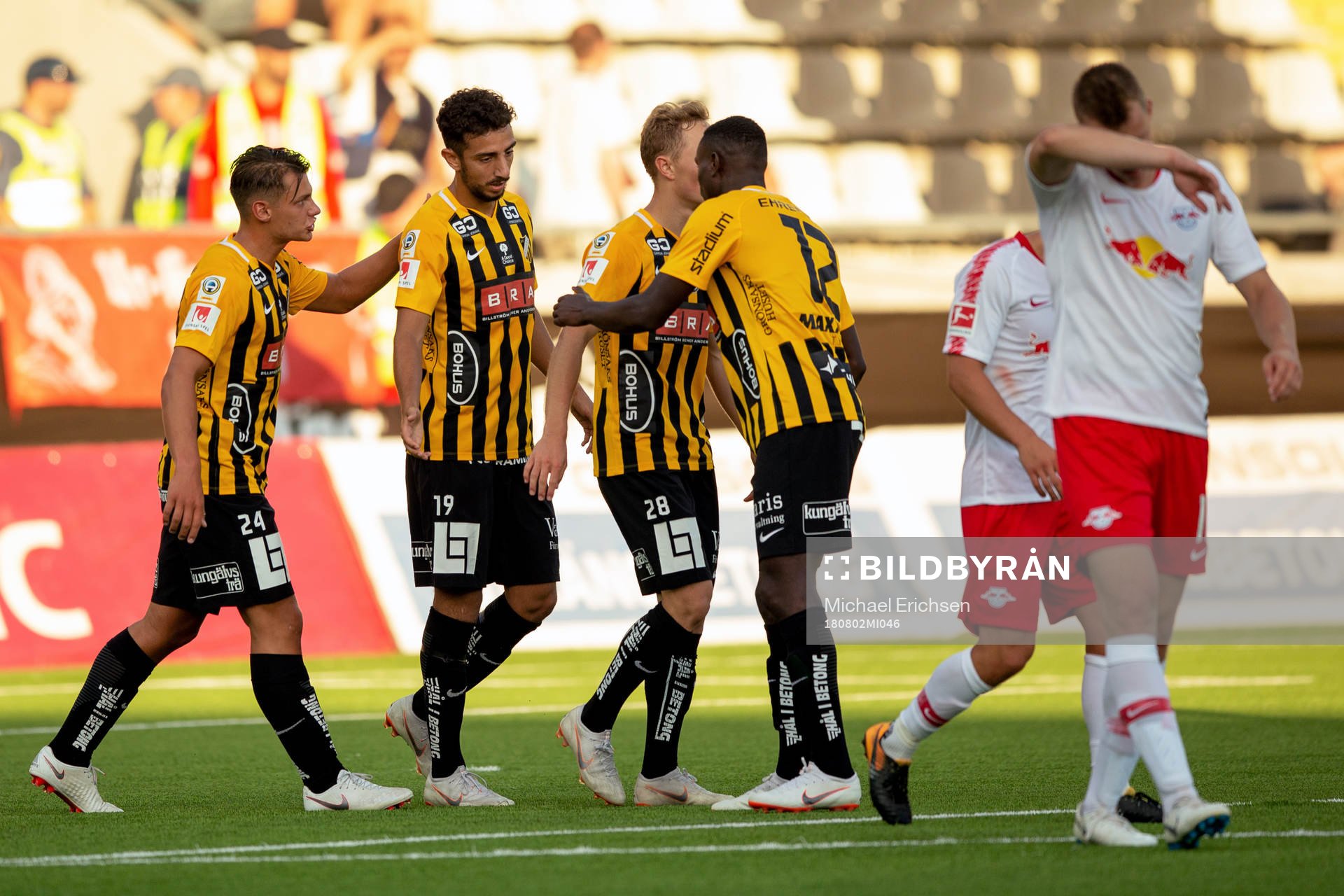 Daleho Irandust of Häcken celebrates with his teammates after scoring 1-1 during the UEFA Europa League qualifying match between Häcken and RB Leipzig on August 2, 2018 in Gothenburg.