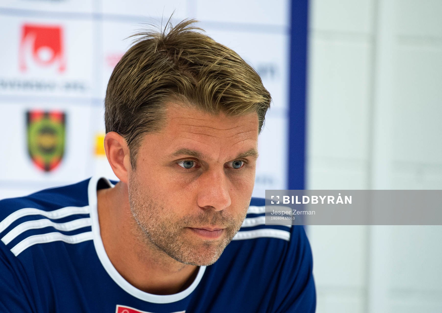 Dalkurds tränare Johan Sandahl under presskonferensen efter matchen i Allsvenskan mellan Brommapojkarna och Dalkurd den 4 augusti 2018 i Stockholm.