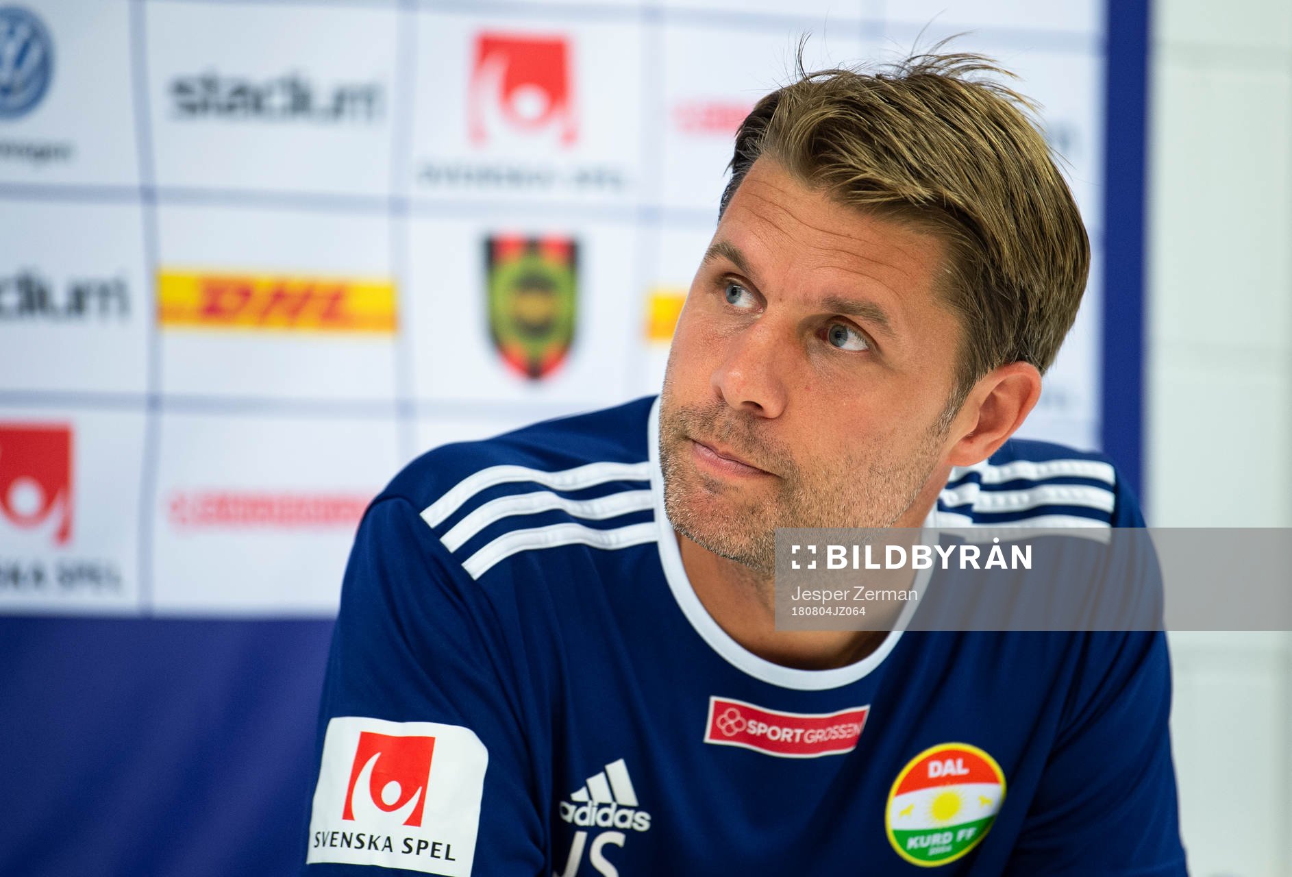 Dalkurds tränare Johan Sandahl under presskonferensen efter matchen i Allsvenskan mellan Brommapojkarna och Dalkurd den 4 augusti 2018 i Stockholm.