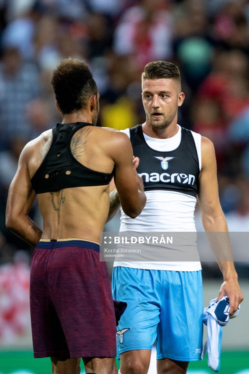 Pierre-Emerick Aubameyang of Arsenal and Sergej Milinkovic-Savic of Lazio after the International Champions Cup match between Arsenal and Lazio on August 4, 2018 in Stockholm.