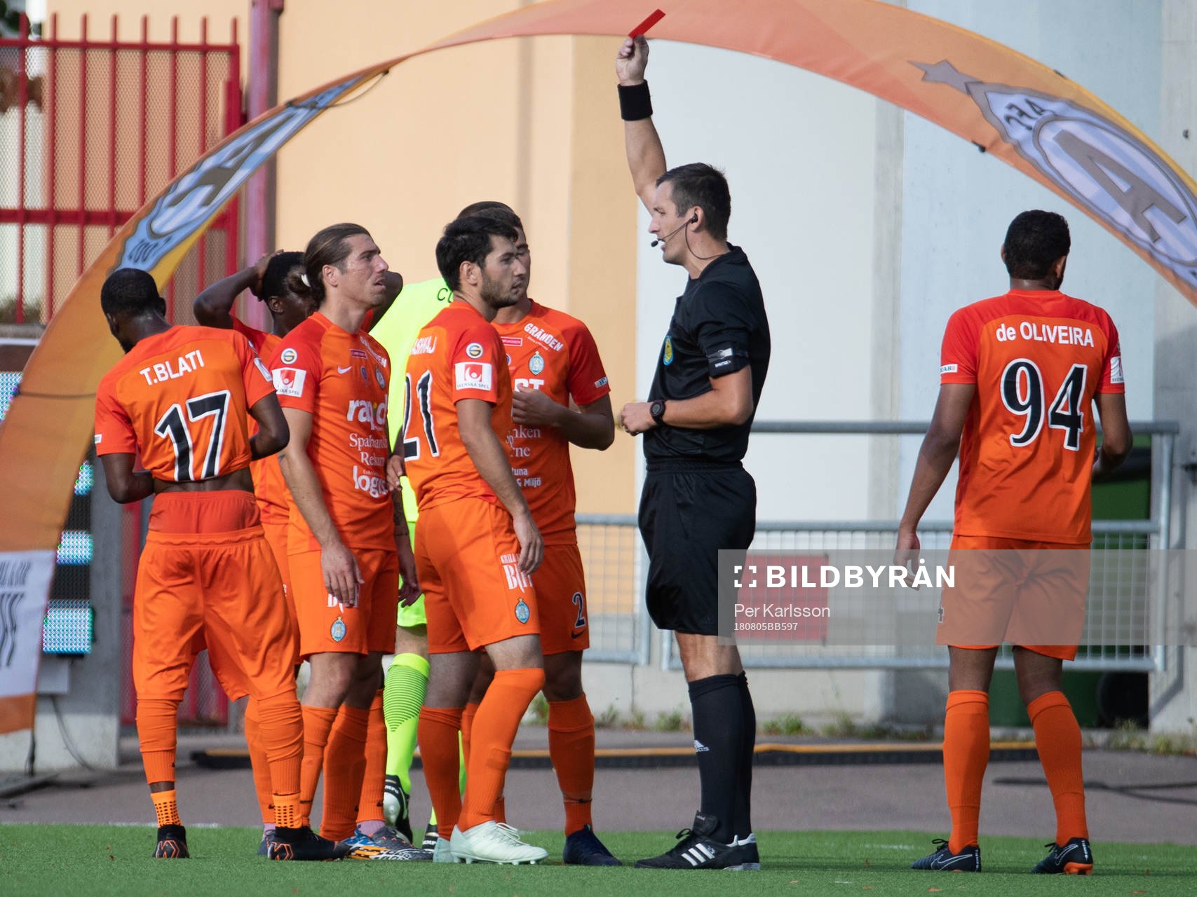 AFC Eskilstunas Anel Rashkaj blir utvisad under fotbollsmatchen i Superettan mellan AFC Eskilstuna och Halmstad den 5 augusti i Eskilstuna.