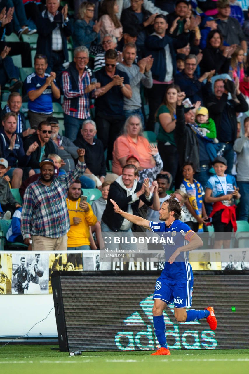 Sundsvalls Linus Hallenius jublar efter 1-1 under fotbollsmatchen i Allsvenskan mellan GIF Sundsvall och IFK Norrköping den 6 augusti 2018 i Sundsvall.