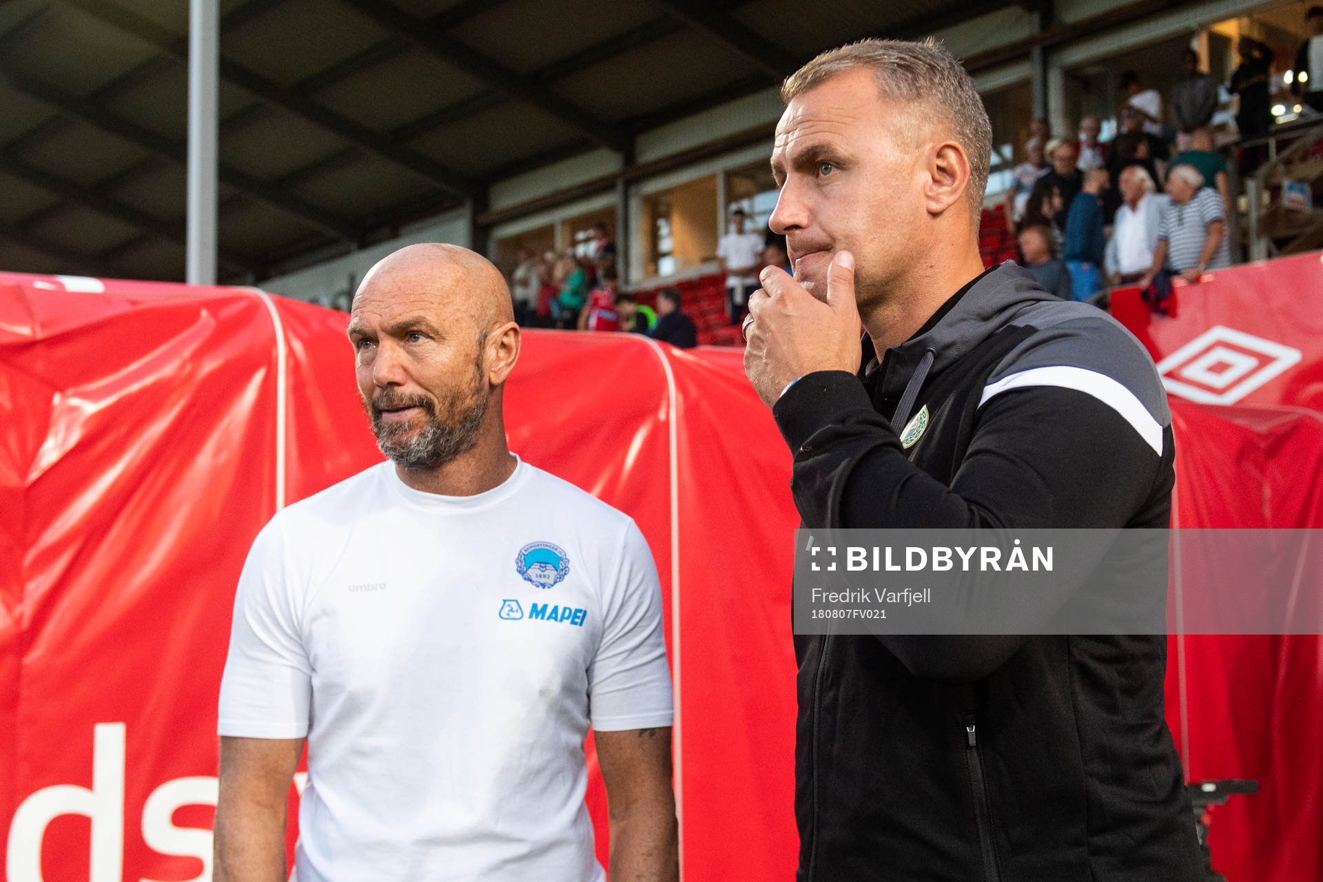 Mark Dempsey, head coach of Kongsvinger, and Bengt Sæternes, head coach of Sandnes Ulf, after the OBOS-ligaen match between Kongsvinger and Sandnes Ulf on August 7, 2018 in Kongsvinger.