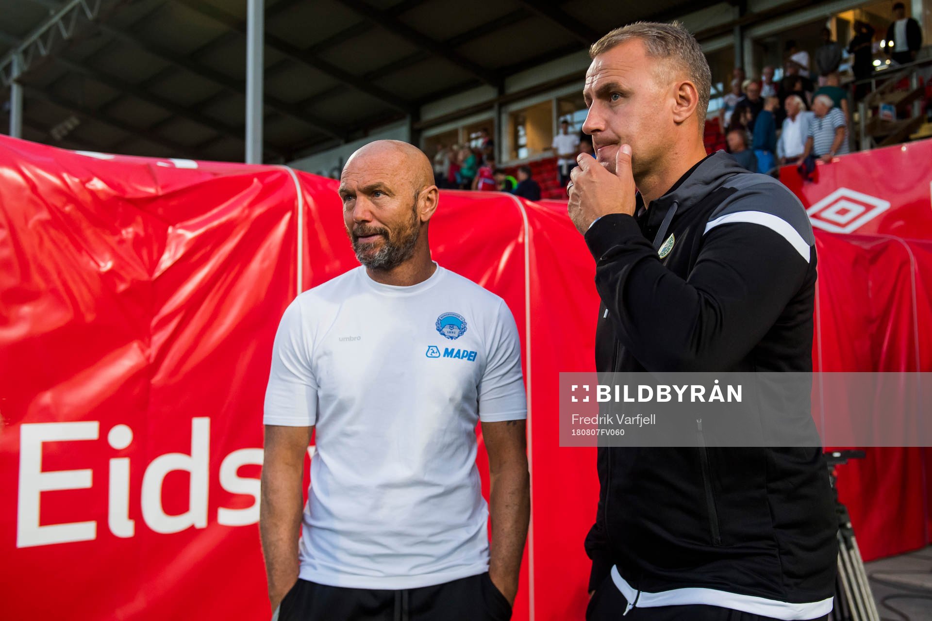 Bengt Sæternes, head coach of Sandnes Ulf, and Mark Dempsey, head coach of Kongsvinger, after the OBOS-ligaen match between Kongsvinger and Sandnes Ulf on August 7, 2018 in Kongsvinger.