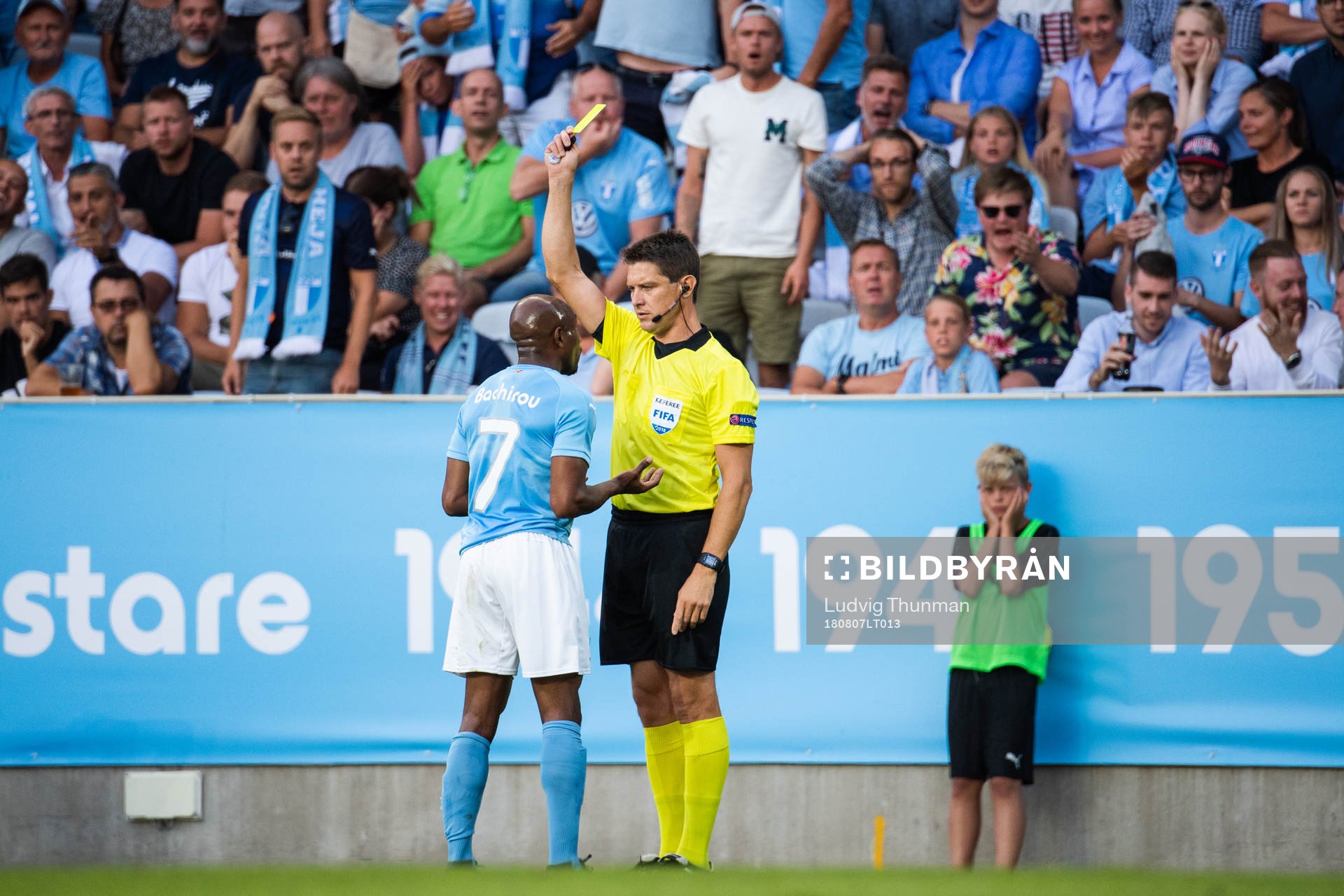 Fouad Bachirou of Malmö FF gets a yellow card