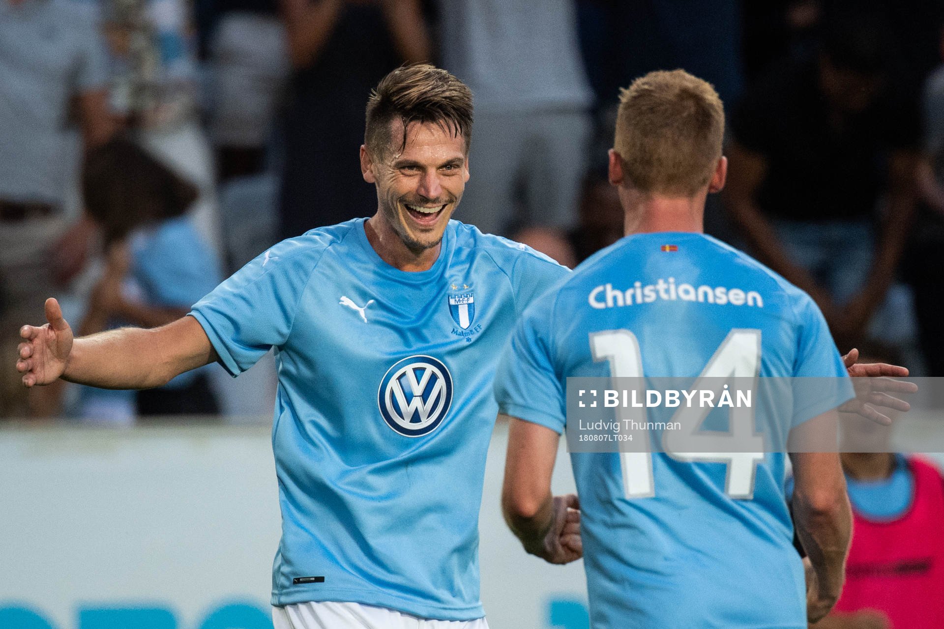 Markus Rosenberg celebrates with Anders Christiansen of Malmö FF who scored 1-0 during the UEFA Champions League qualifying match between Malmö FF and Vidi on August 7, 2018 in Malmö.