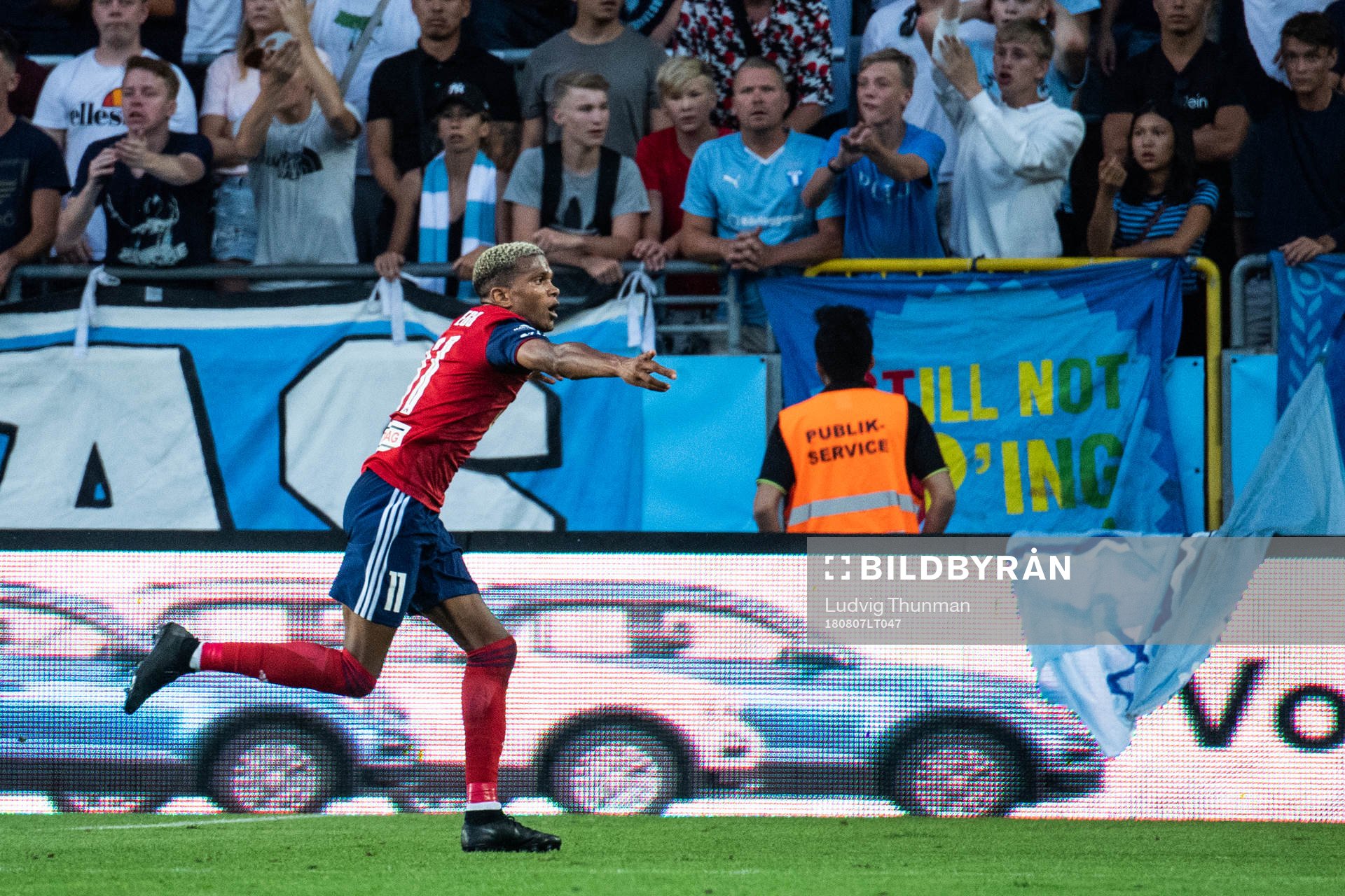 Loïc Nego of Vidi celebrates scoring 1-1 during the UEFA Champions League qualifying match between Malmö FF and Vidi on August 7, 2018 in Malmö.