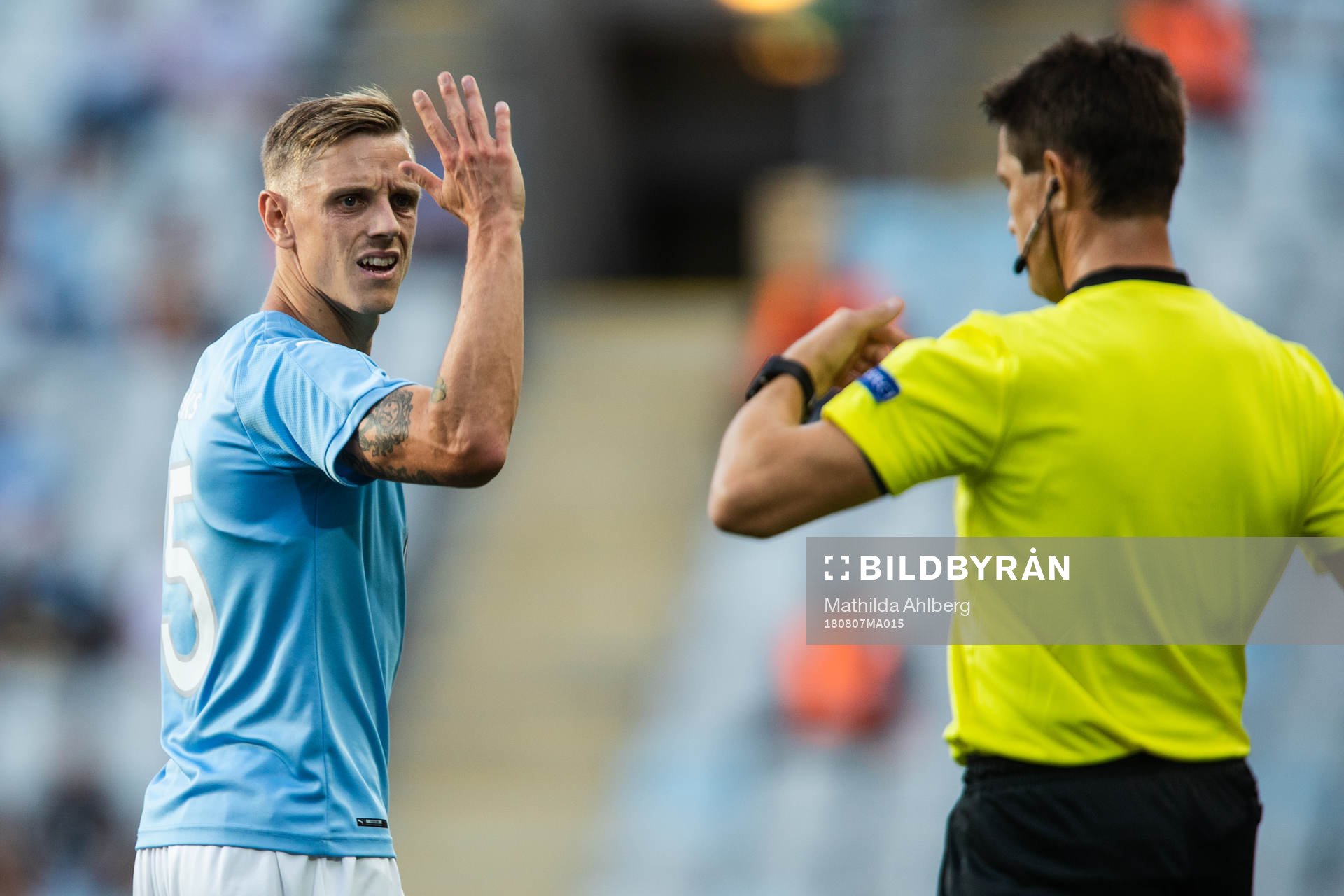 Sören Rieks of Malmö FF reacts against the referee Matej