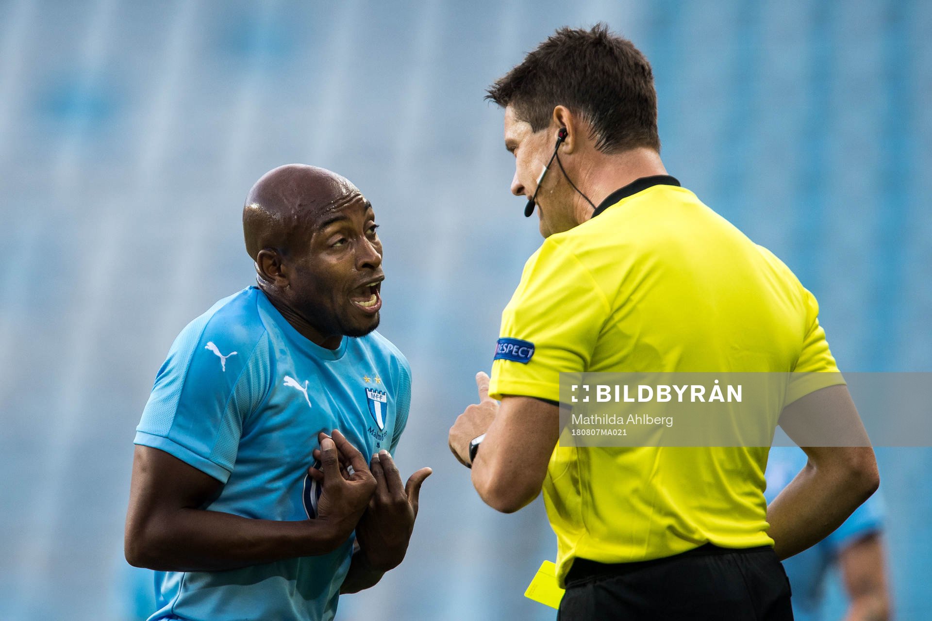 Fouad Bachirou of Malmö FF and referee Matej Jug