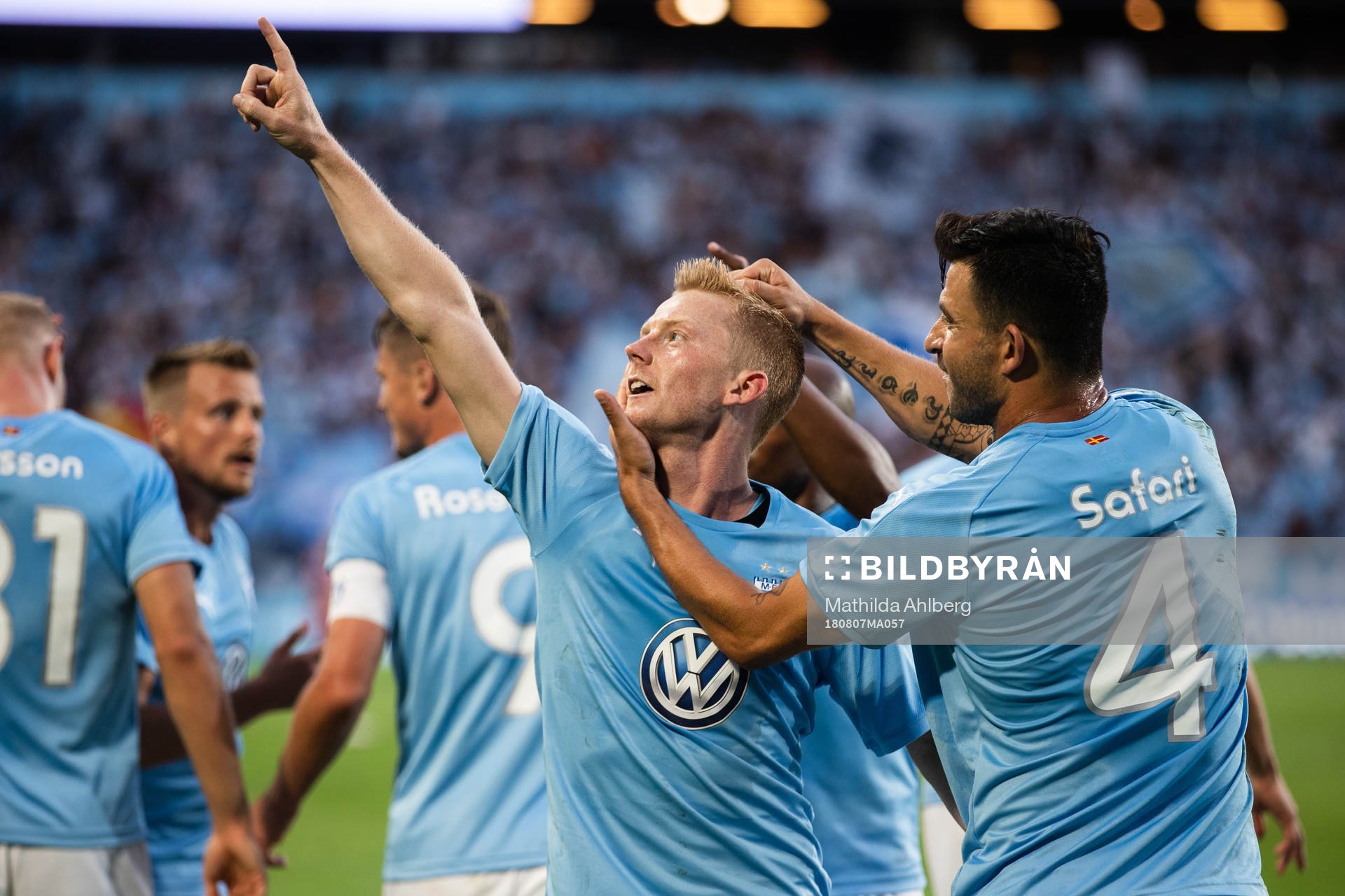 Anders Christiansen of Malmö FF scored 1-0 anf celebrates with Behrang Safari of Malmö FF during the UEFA Champions League qualifying match between Malmö FF and Vidi on August 7, 2018 in Malmö.