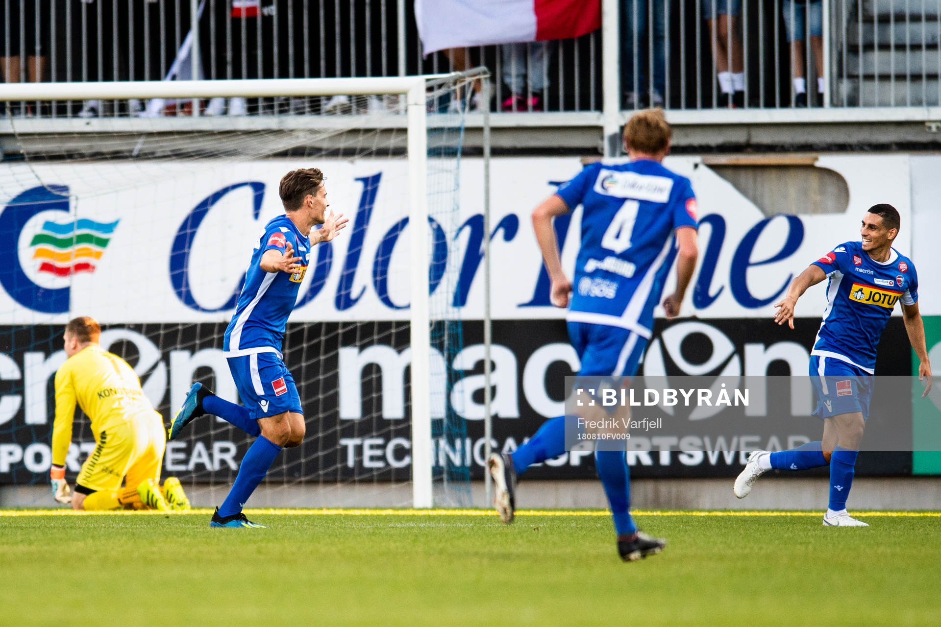 William Alibin Kurtovic of Sandefjord celebrates after scoring during the Eliteserien match between Sandefjord and Tromsø on August 10, 2018 in Sandefjord.
