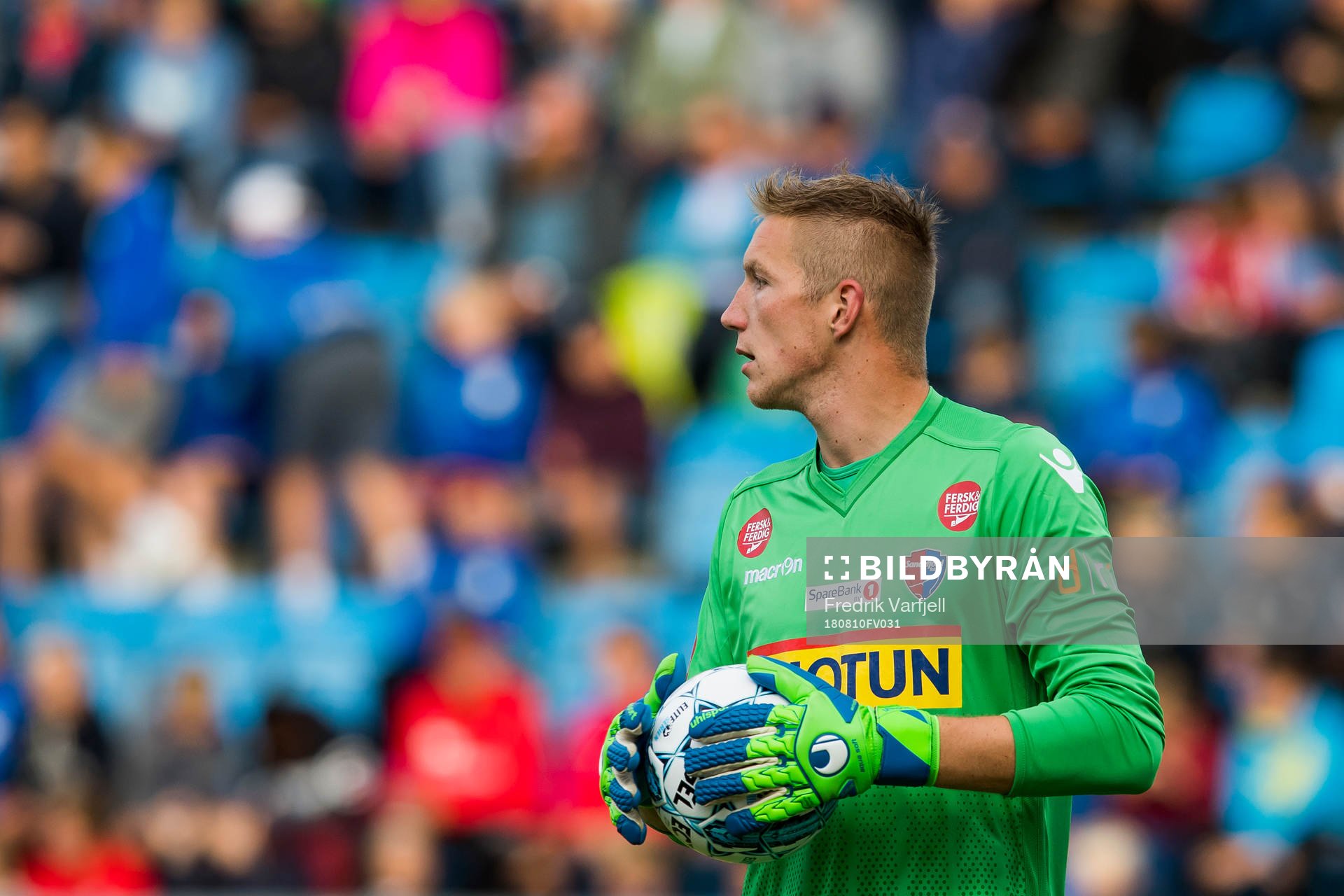 Goalkeeper Eirik Holmen Johansen of Sandefjord during the Eliteserien match between Sandefjord and Tromsø on August 10, 2018 in Sandefjord.