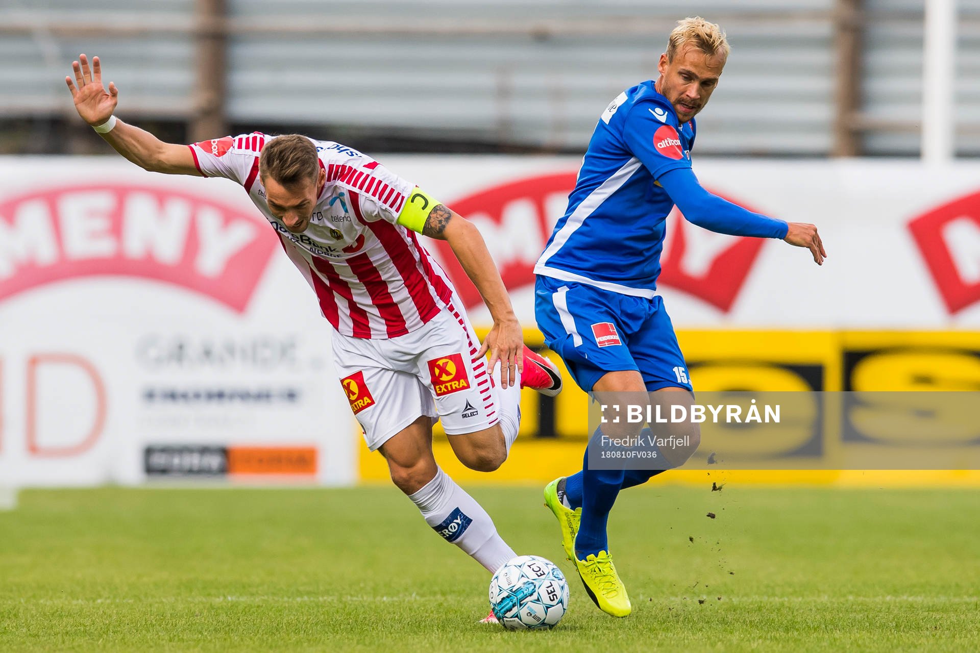 Magnar Ødegaard of Tromsø and Pontus Engblom of Sandefjord during the Eliteserien match between Sandefjord and Tromsø on August 10, 2018 in Sandefjord.