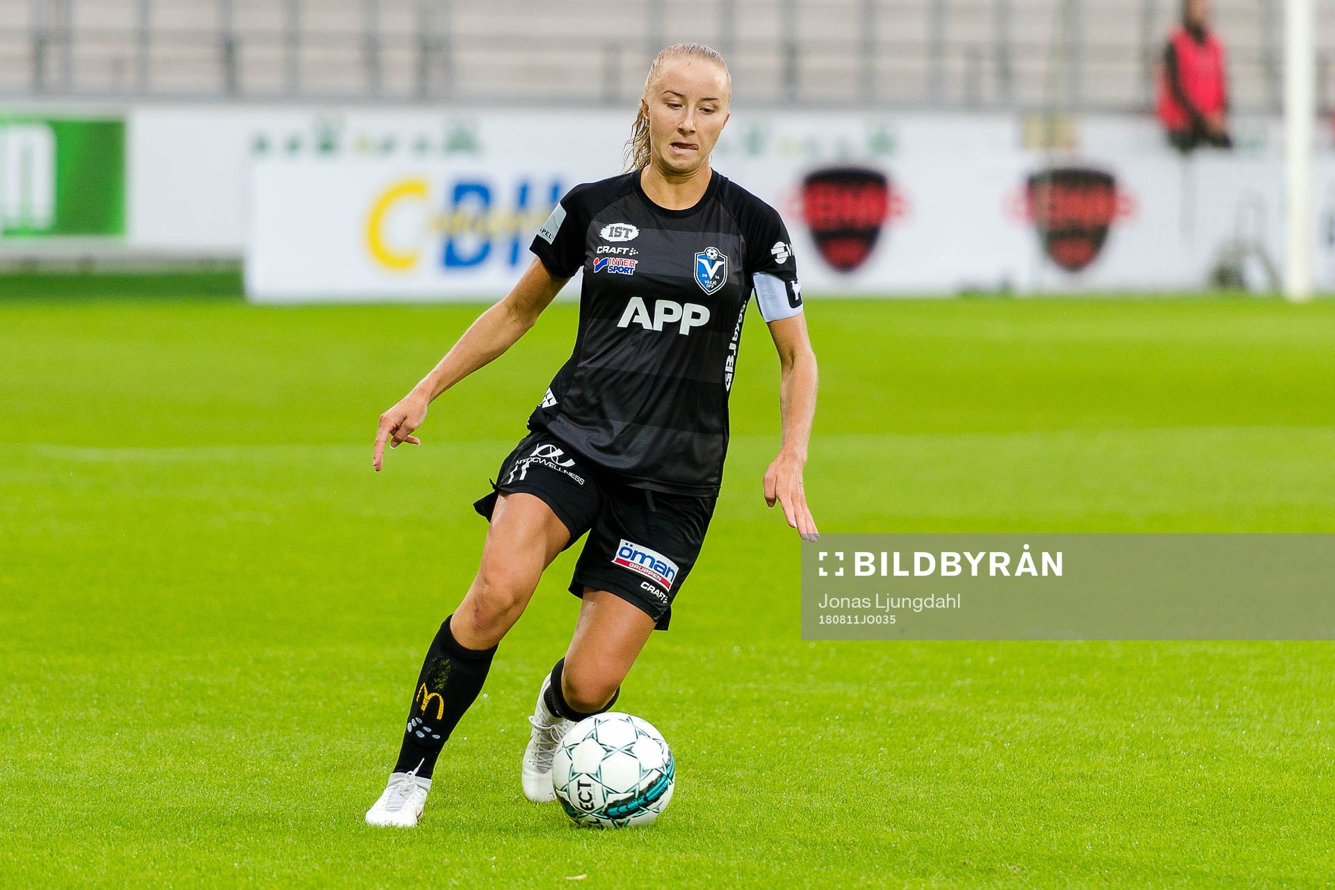 Växjös Jonna Ståhl under fotbollsmatchen i Damallsvenskan mellan Växjö och Linköping den 11 augusti 2018 i Växjö.
