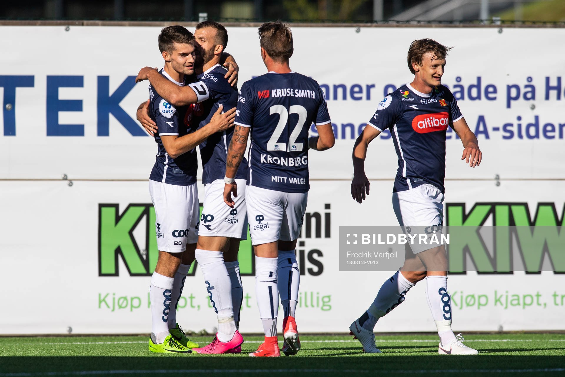 Ylldren Ibrahimaj of Viking celebrates with team mates after scoring 0-1 during the OBOS-ligaen match between Åsane and Viking on August 12, 2018 in Åsane.