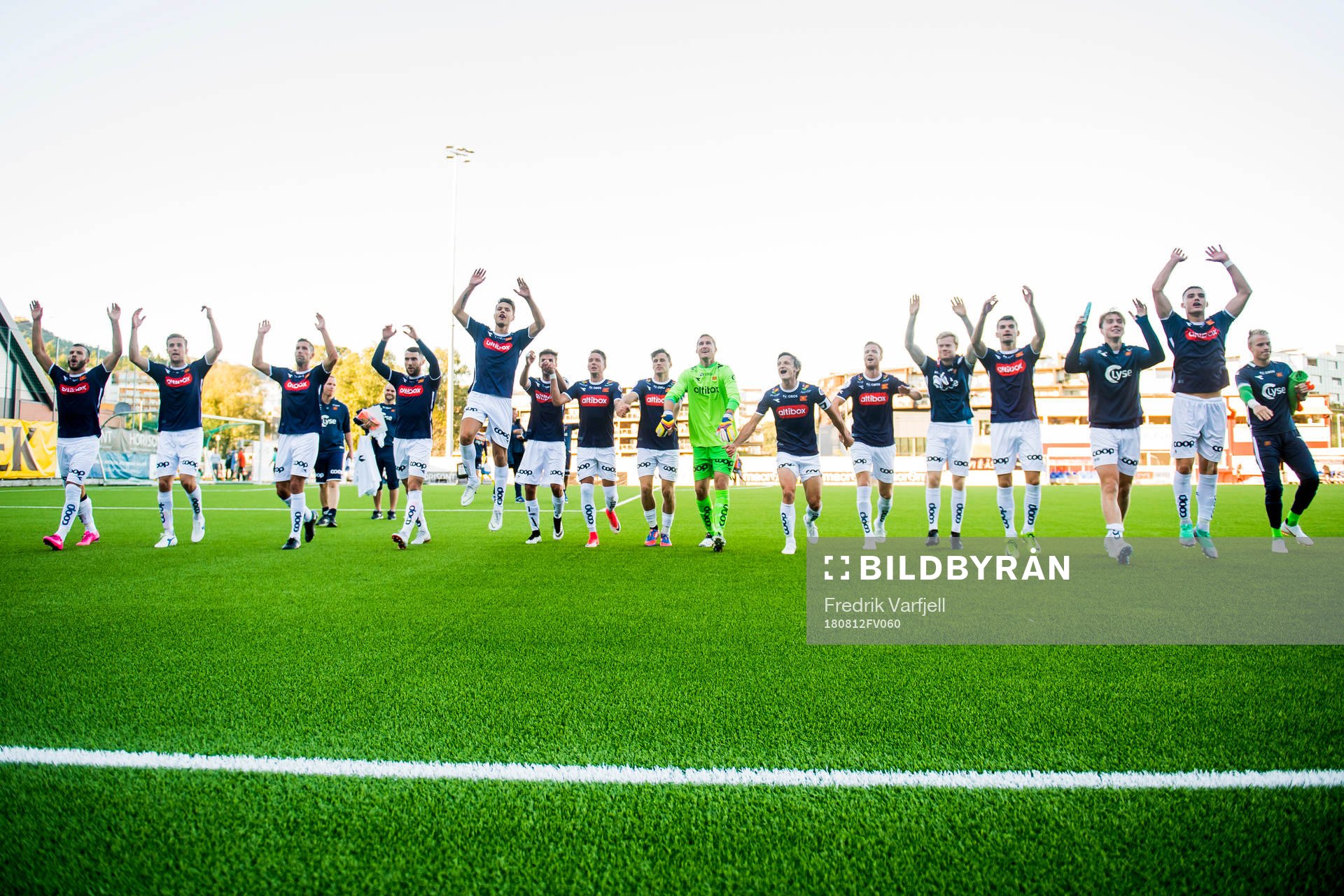 The players of Viking celebrate after the OBOS-ligaen match between Åsane and Viking on August 12, 2018 in Åsane. 