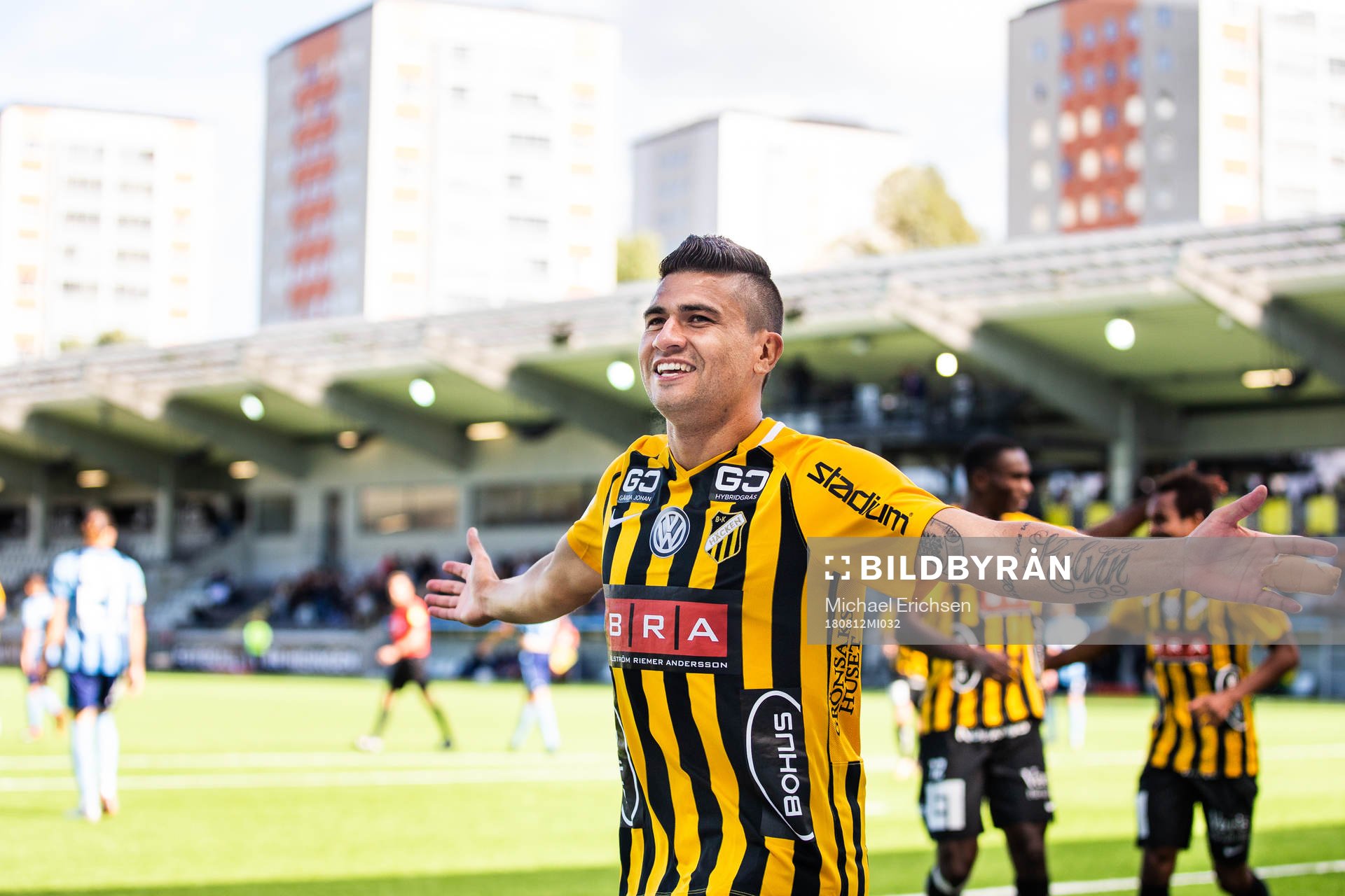 Häckens Paulinho jublar efter att han gjort 3-0-målet under fotbollsmatchen i allsvenskan mellan Häcken och Djurgården den 12 augusti 2018 i Göteborg.