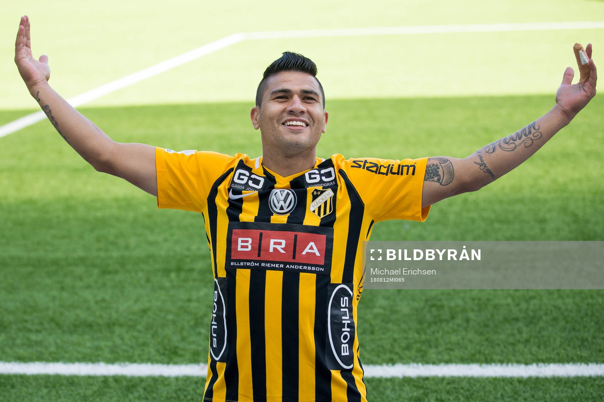 Häckens Paulinho jublar efter 3-0 under fotbollsmatchen i allsvenskan mellan Häcken och Djurgården den 12 augusti 2018 i Göteborg.