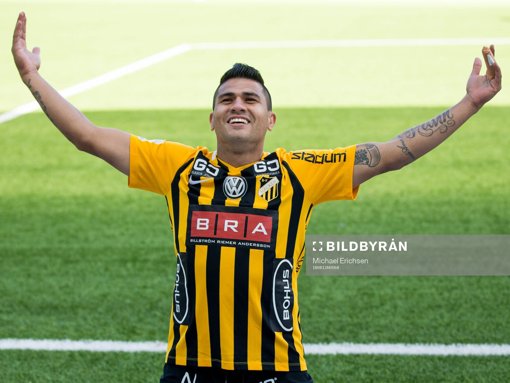 Häckens Paulinho jublar efter 3-0 under fotbollsmatchen i allsvenskan mellan Häcken och Djurgården den 12 augusti 2018 i Göteborg.