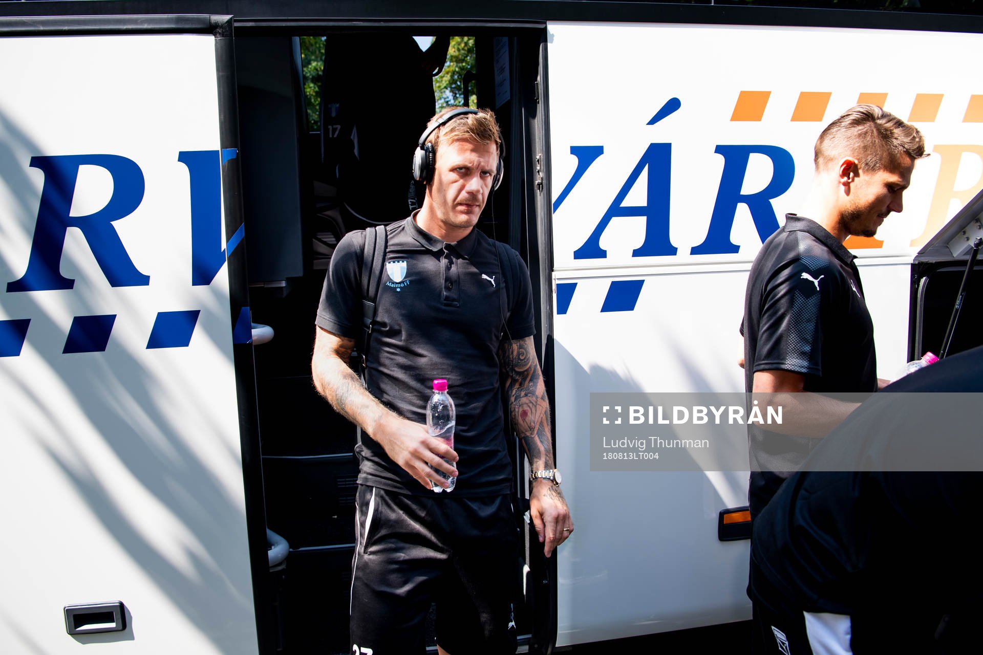 Goalkeeper Johan Dahlin of Malmö FF arrives at the hotel ahead of the UEFA Champions League qualifying match between Vidi and Malmö FF on August 13, 2018 in Herceghalom.