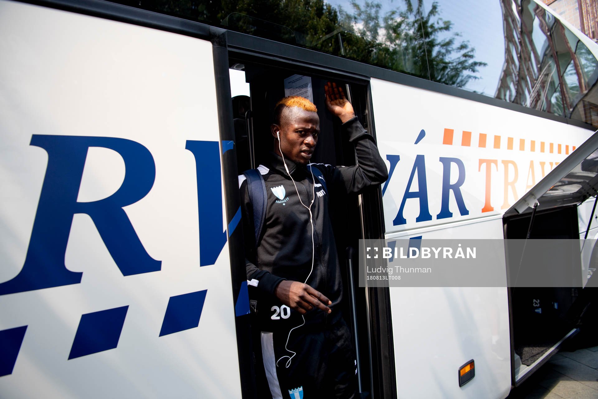 Bonke Innocent of Malmö FF arrives at the hotel ahead of the UEFA Champions League qualifying match between Vidi and Malmö FF on August 13, 2018 in Herceghalom.