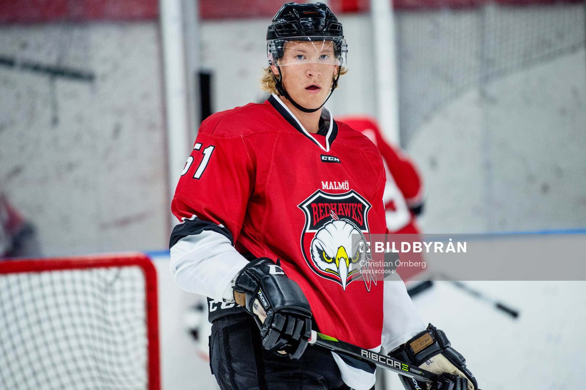 Malmö Redhawks Emil Sylvegård innan träningsmatchen i