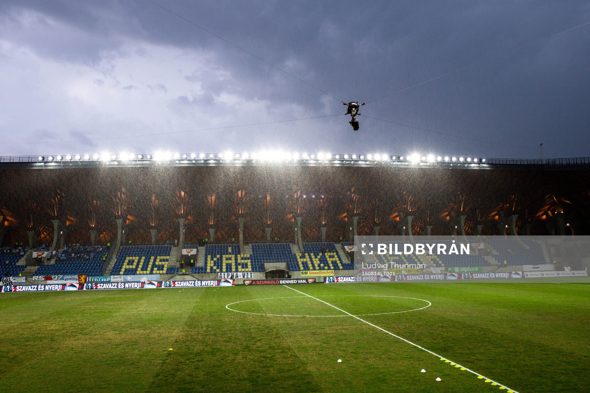 Heavy rain prior the UEFA Champions League qualifying match between Vidi and Malmö FF on August 14, 2018 in Felcsut.