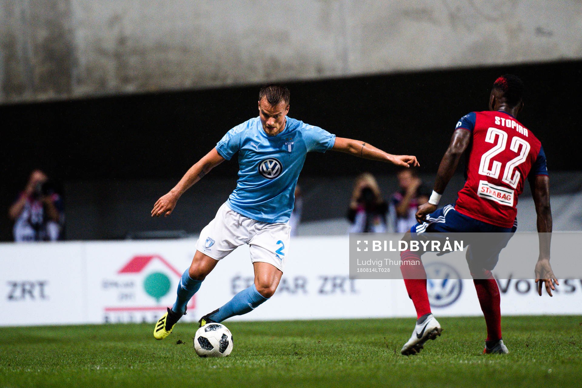 Eric Larsson Eric Larsson and Stopira of Vidi during the UEFA Champions League qualifying match between Vidi and Malmö FF on August 14, 2018 in Felcsut.