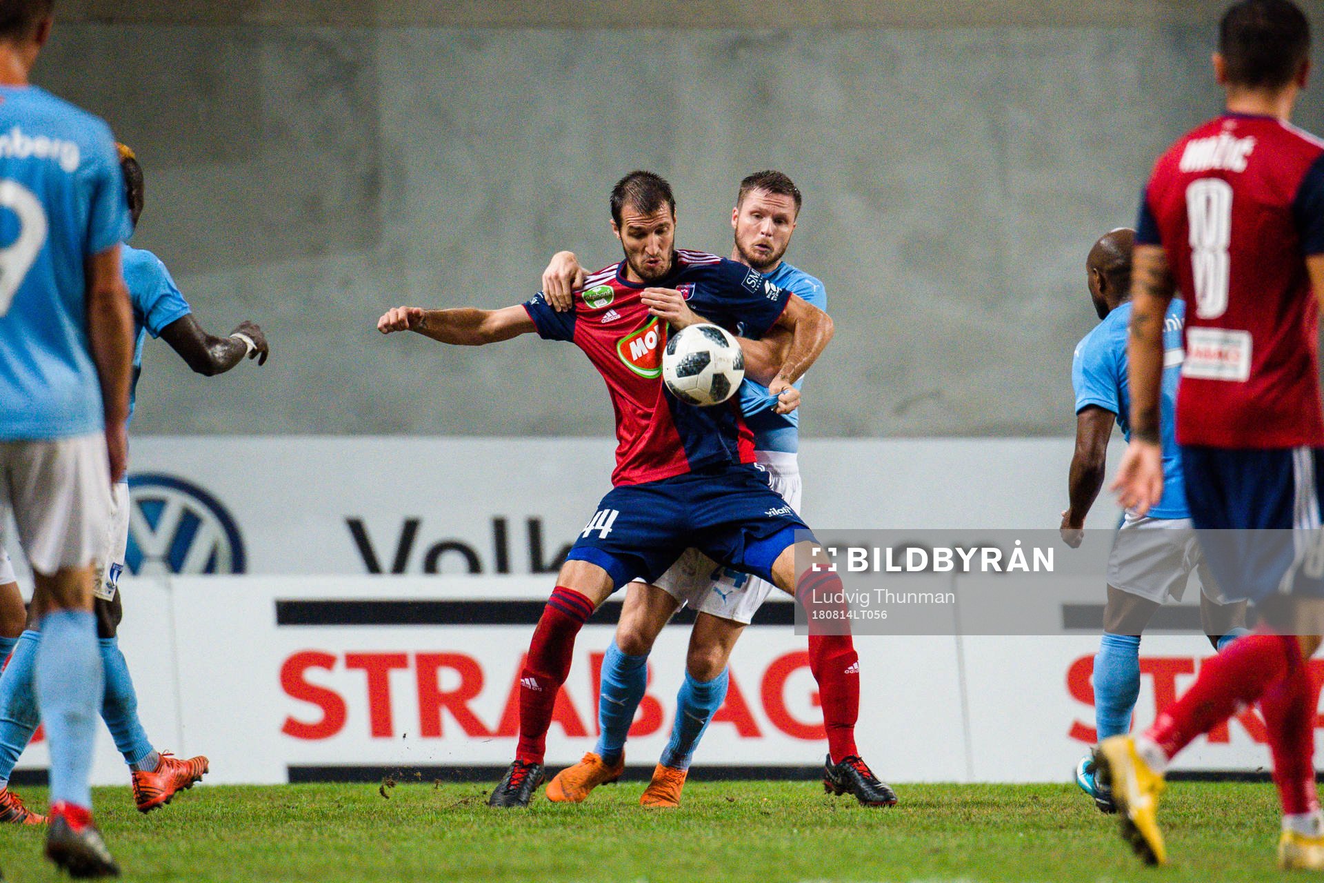 Marko Scepovic of Vidi against Lasse Nielsen of Malmö FF