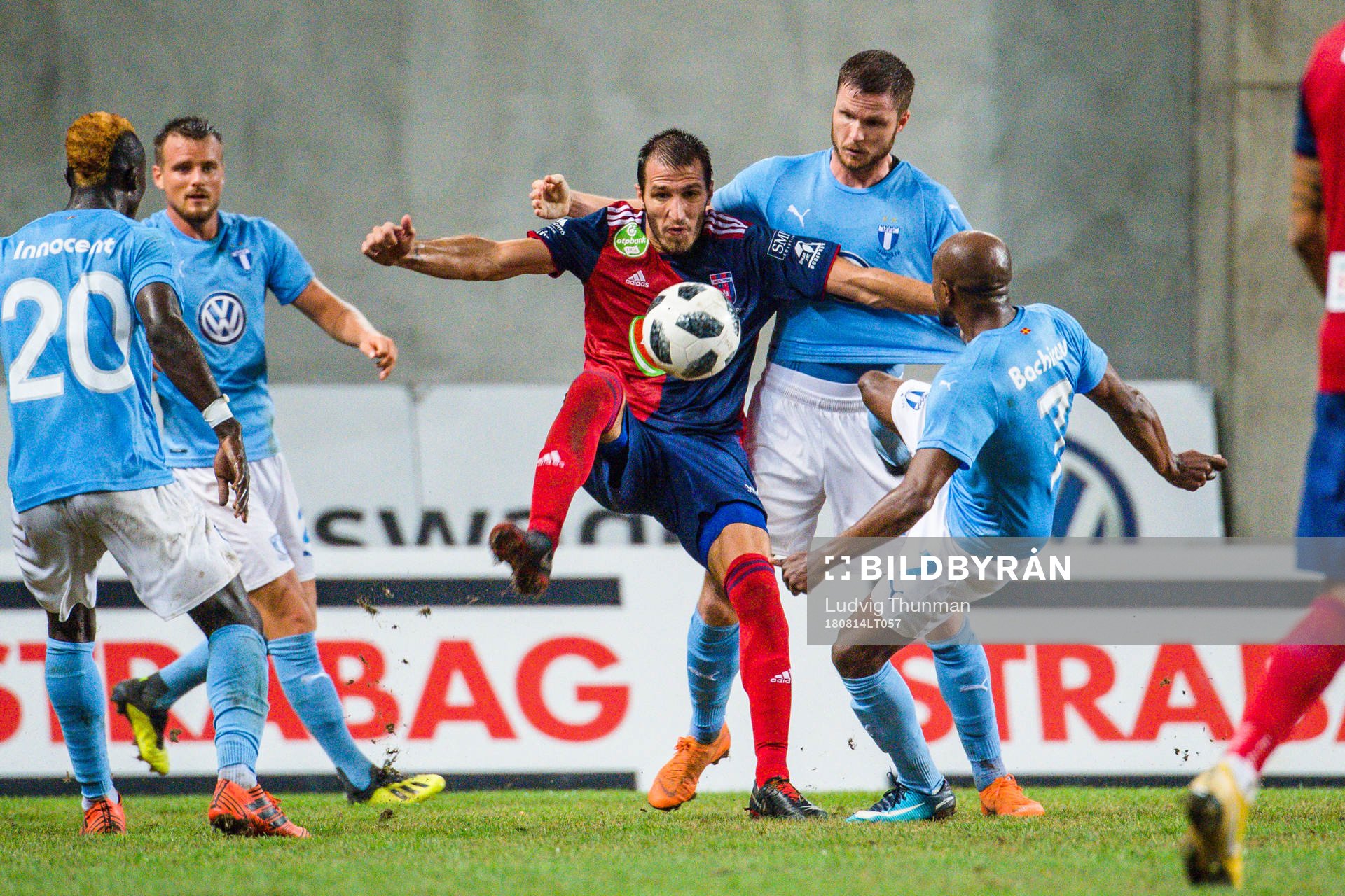 Marko Scepovic of Vidi against Lasse Nielsen and Fouad