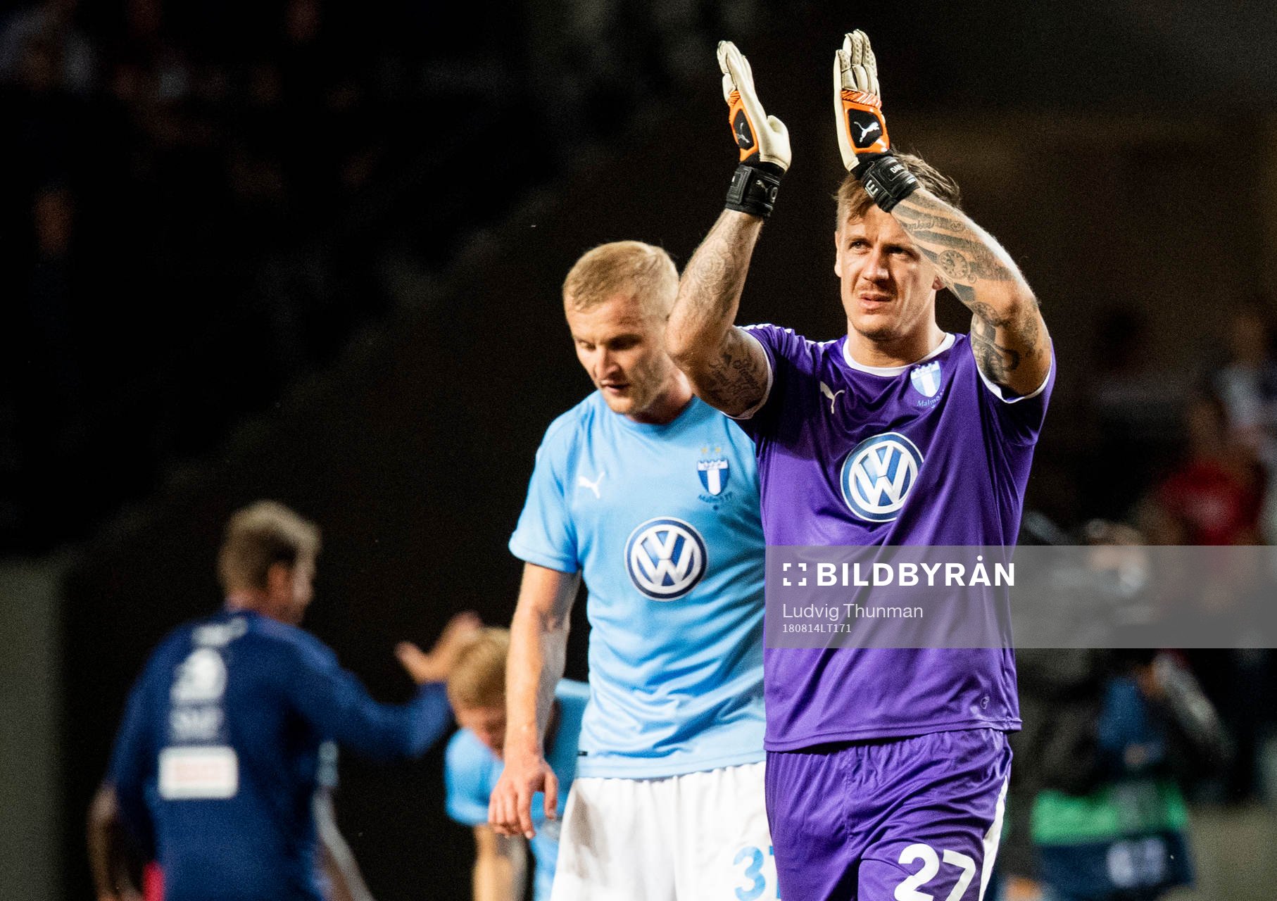 Franz Brorsson and goalkeeper Johan Dahlin of Malmö FF