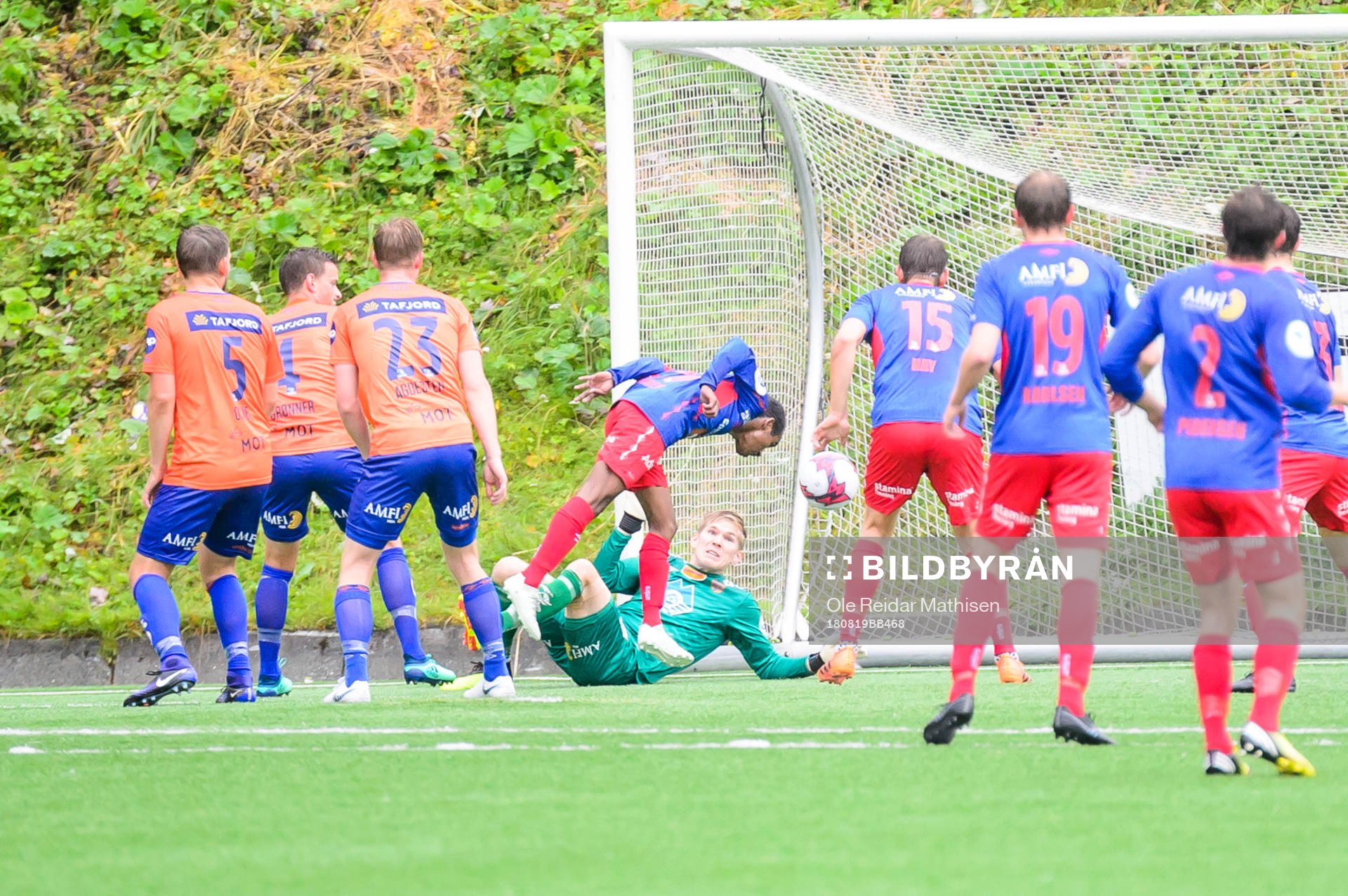 Mohammed Ahamed of Tromsdalen heads in 1-0 during the OBOS-ligaen match between Tromsdalen and Aalesund on August 19, 2018 in Tromsø.