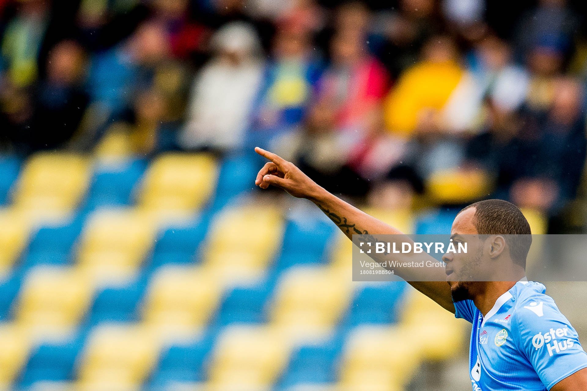 Erixon Danso of Sandnes Ulf celebrates scoring 0-1 during the OBOS-ligaen match between Jerv and Sandnes Ulf on August 19, 2018 in Grimstad.
