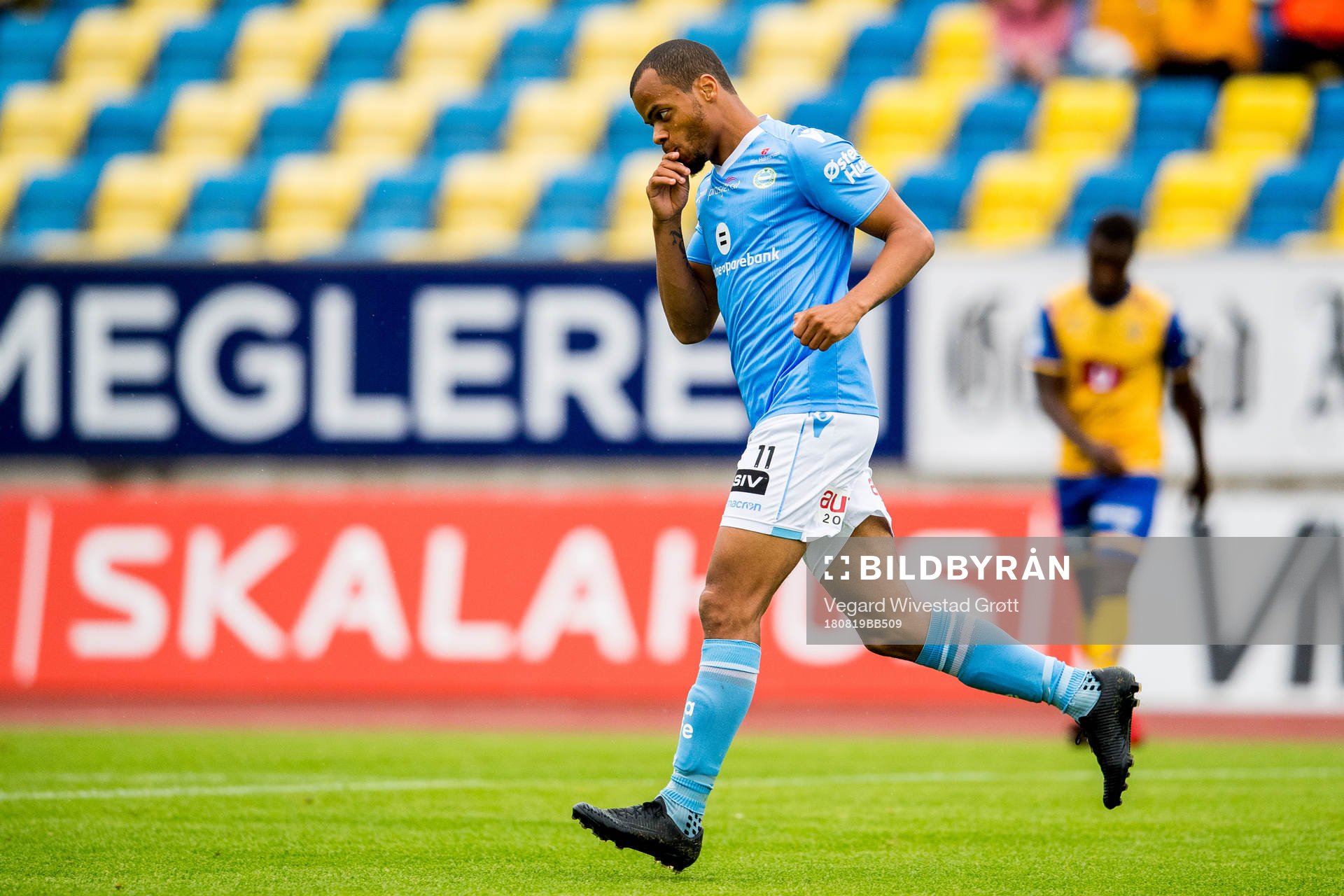 Erixon Danso of Sandnes Ulf celebrates scoring 0-1 during the OBOS-ligaen match between Jerv and Sandnes Ulf on August 19, 2018 in Grimstad.