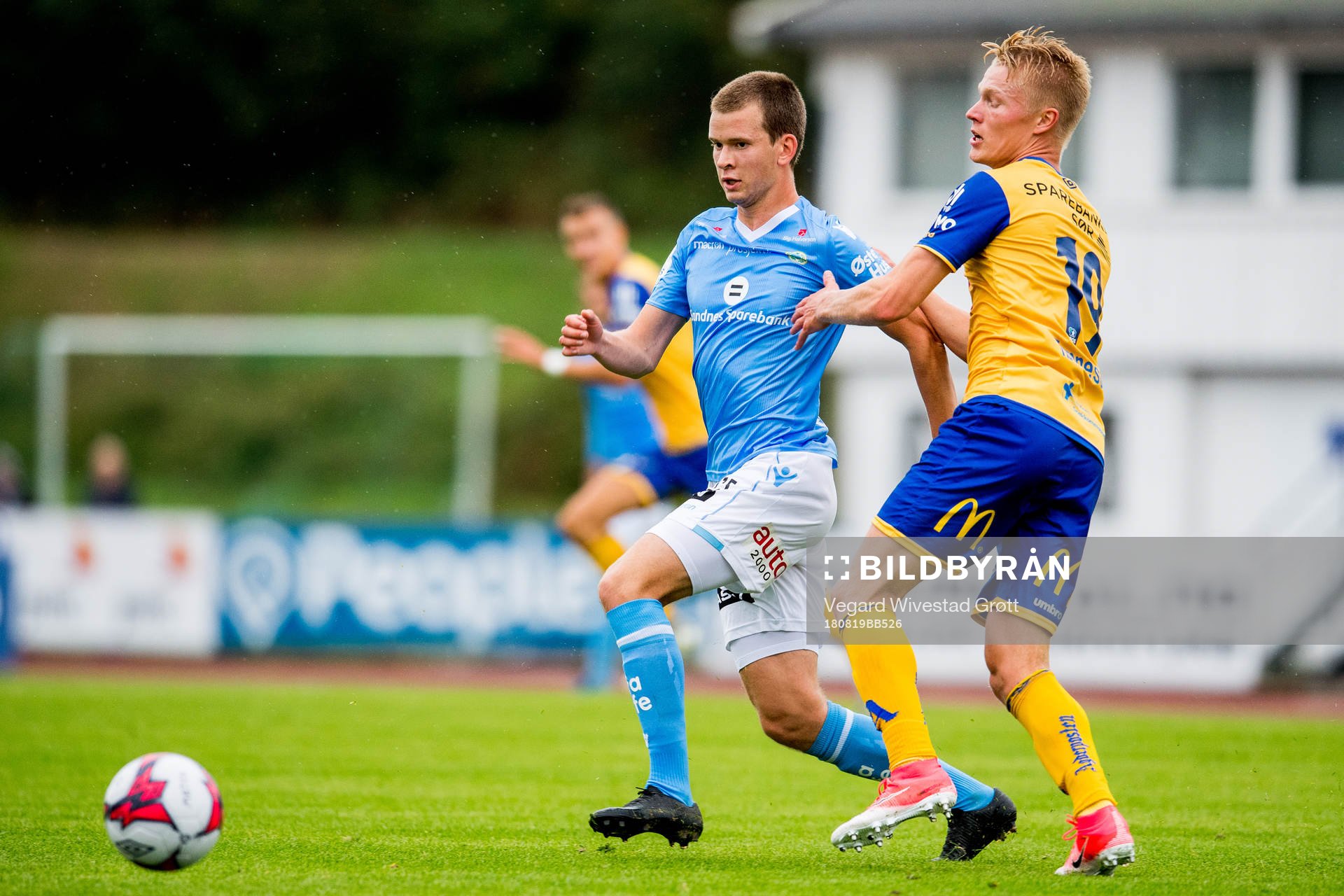 Vegard Østraat Erlien of Sandnes Ulf and Kristoffer Tønnesen of Jerv during the OBOS-ligaen match between Jerv and Sandnes Ulf on August 19, 2018 in Grimstad.
